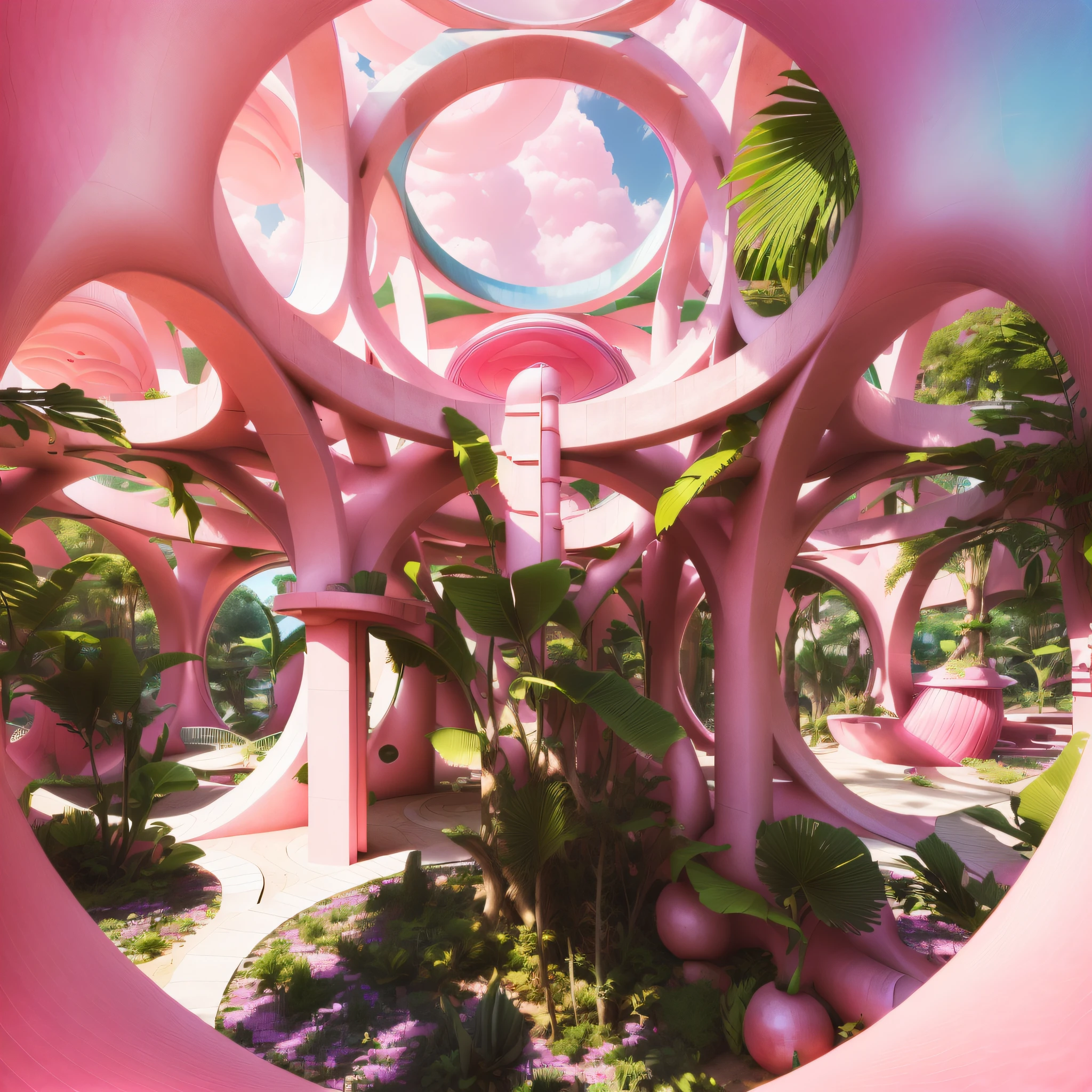 there is a circular pink structure with a circular window in the middle, pink arches, psychedelic architecture, colourful biomorphic temple, very surreal garden, verner panton, vegetal architecture, pink zen style, outdoor art installation, high quality architectural art, curving geometric arches, pink concrete, beautiful aesthetic, organic architecture, by Lee Loughridge, beautiful aesthetic design
