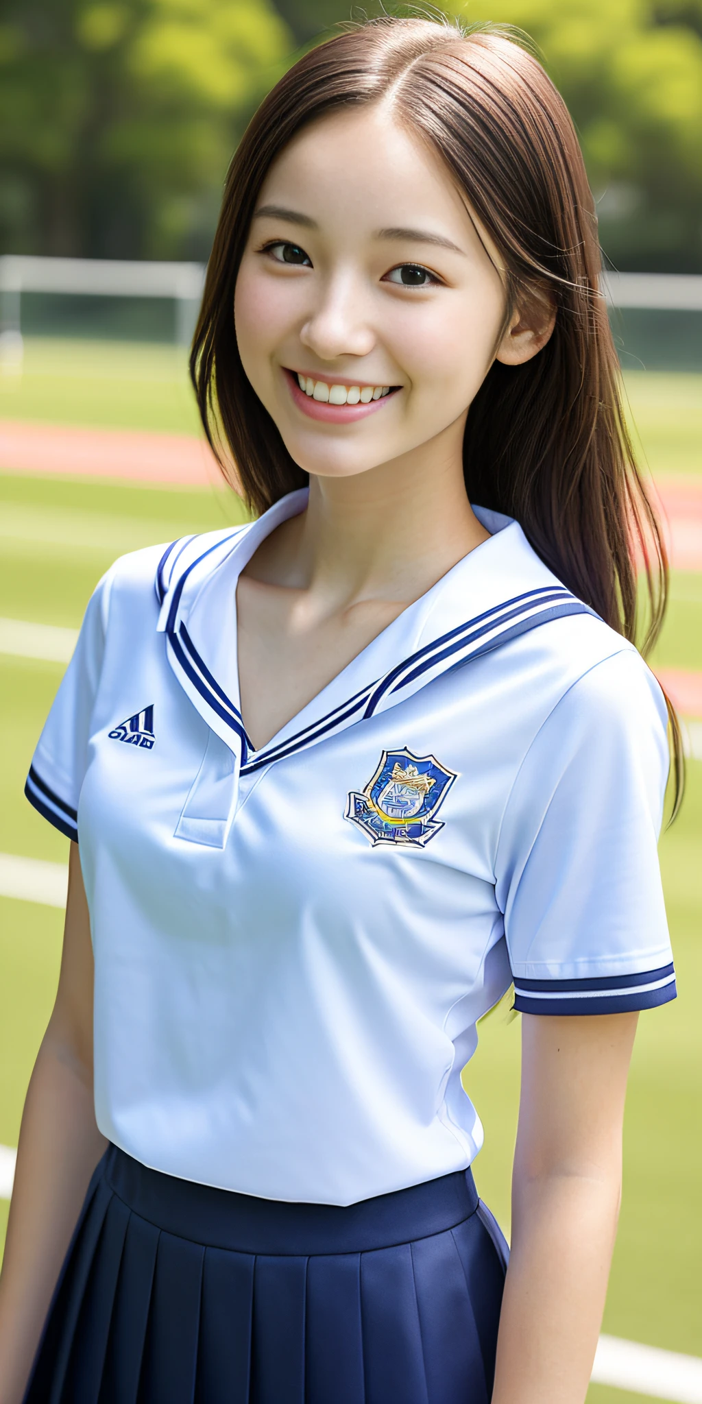 neat college girl, ite, (school uniform, summer clothes, short sleeves), outside the athletic field, (slim), photorealistic, detail, skin texture, ultra detail, delicate and sexy collarbone, smile, super detailed face, detailed lips, detailed eyes, breast emphasis