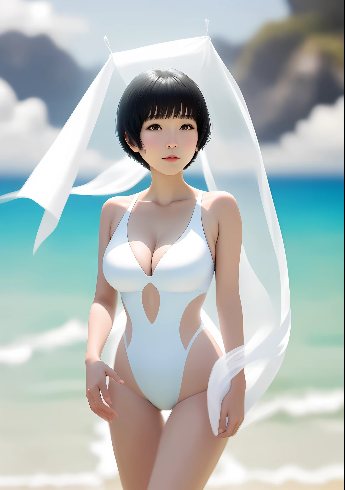 Top Quality, Ultra Detail, Super Delicate, Photos, Best Image Quality 1.2, White Swimsuit, Black Hair, Short Hair, Sea, Sandy