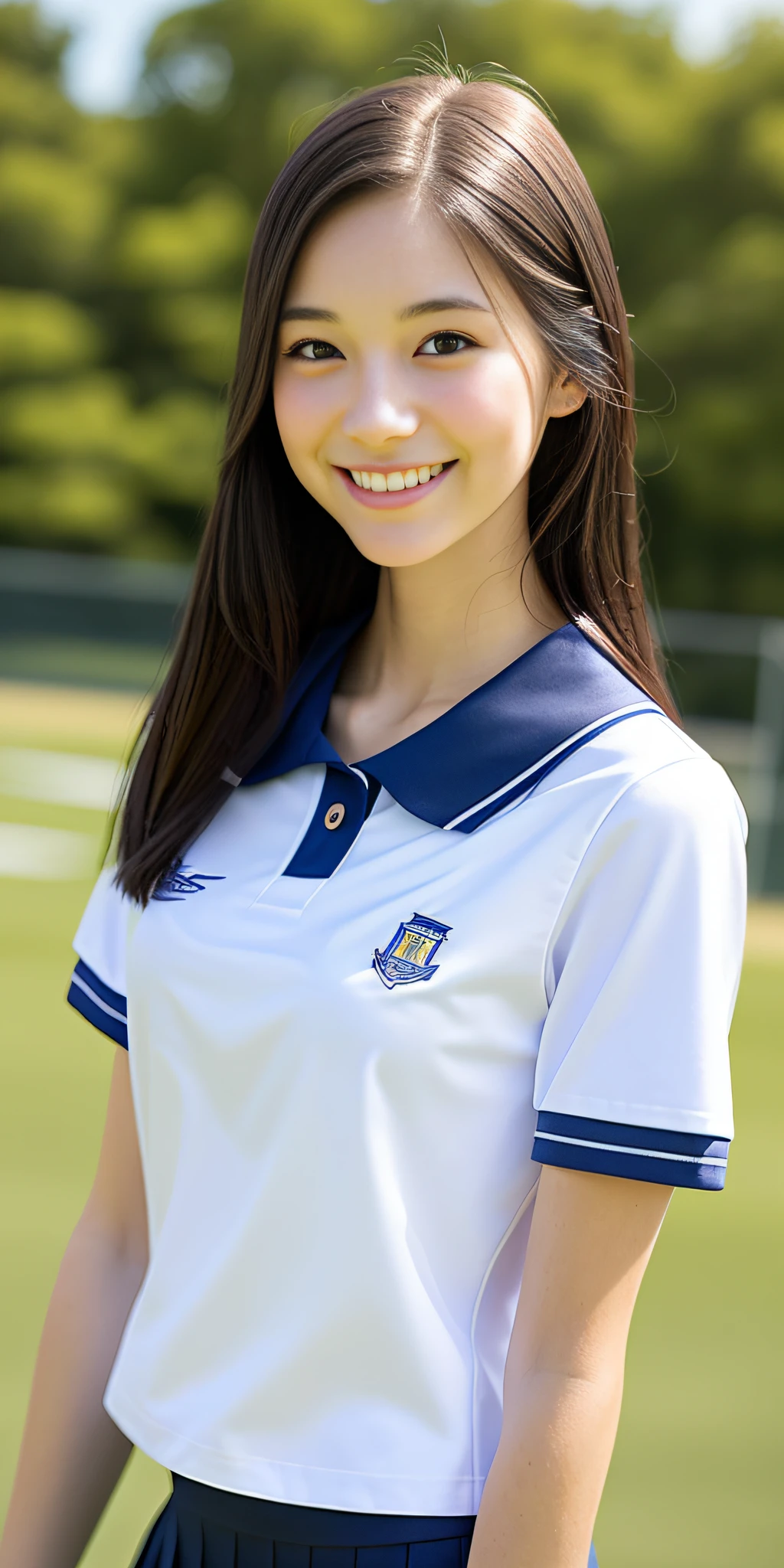 neat college girl, petite, (school uniform, summer clothes, short sleeves), outside the athletic field, (slim), photorealistic, detail, skin texture, ultra detail, delicate and sexy collarbone, smile, super detailed face, detailed lips, detailed eyes, breast emphasis