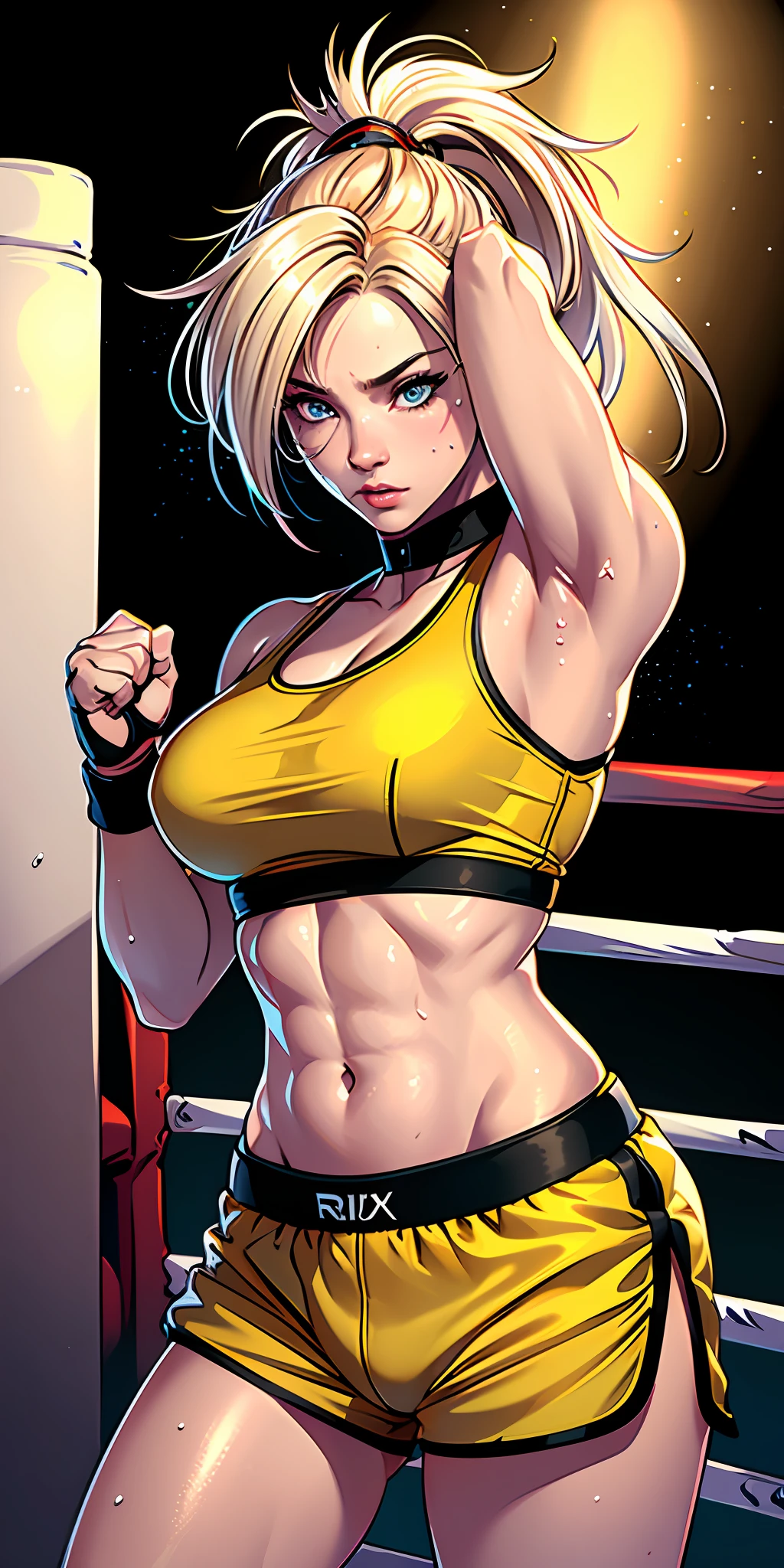 (original), (very detailed wallpaper), (best quality), (masterpiece), photographic reality, realistic, very detailed illustrations, (1 girl), she is Rikku, beautiful eyes, (delicate face), perfect details, (best lighting), (super complex details), (boxer), (aggressive punches), sweat, heavy breathing, (oppressive attack), (boxing ring), athletic shorts, perfect details, perfect fingers, perfect limbs, impact, (shiny skin), abdomen, muscles, waist,  boxing shorts, fighting, messy blond hair with ponytail and bangss , unified 4K, (super detailed CG: 1.2), (8K: 1.2), realistic, octane rendering