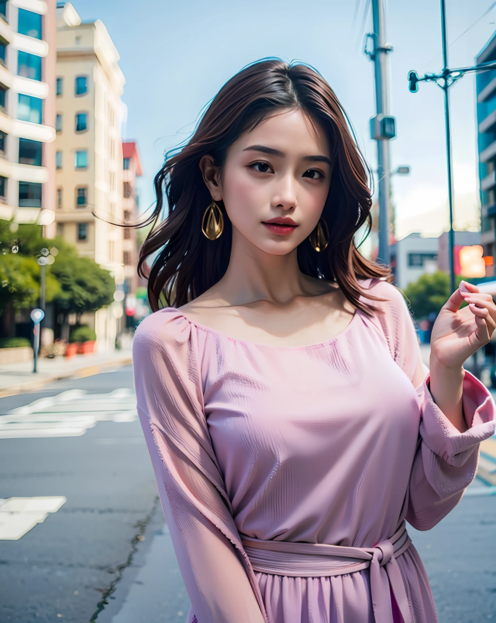 Woman posing on street corner in dress, top quality, high definition, 8k, single girl, (huge breasts), daytime, bright, outdoor, (street: 0.8), (people, crowd: 1), (naked: 1.5), gorgeous, (medium hair), beautiful detailed sky, beautiful earrings, (dynamic pose: 0.8), (upper body: 1.2), soft lighting, wind, glossy skin, gaze