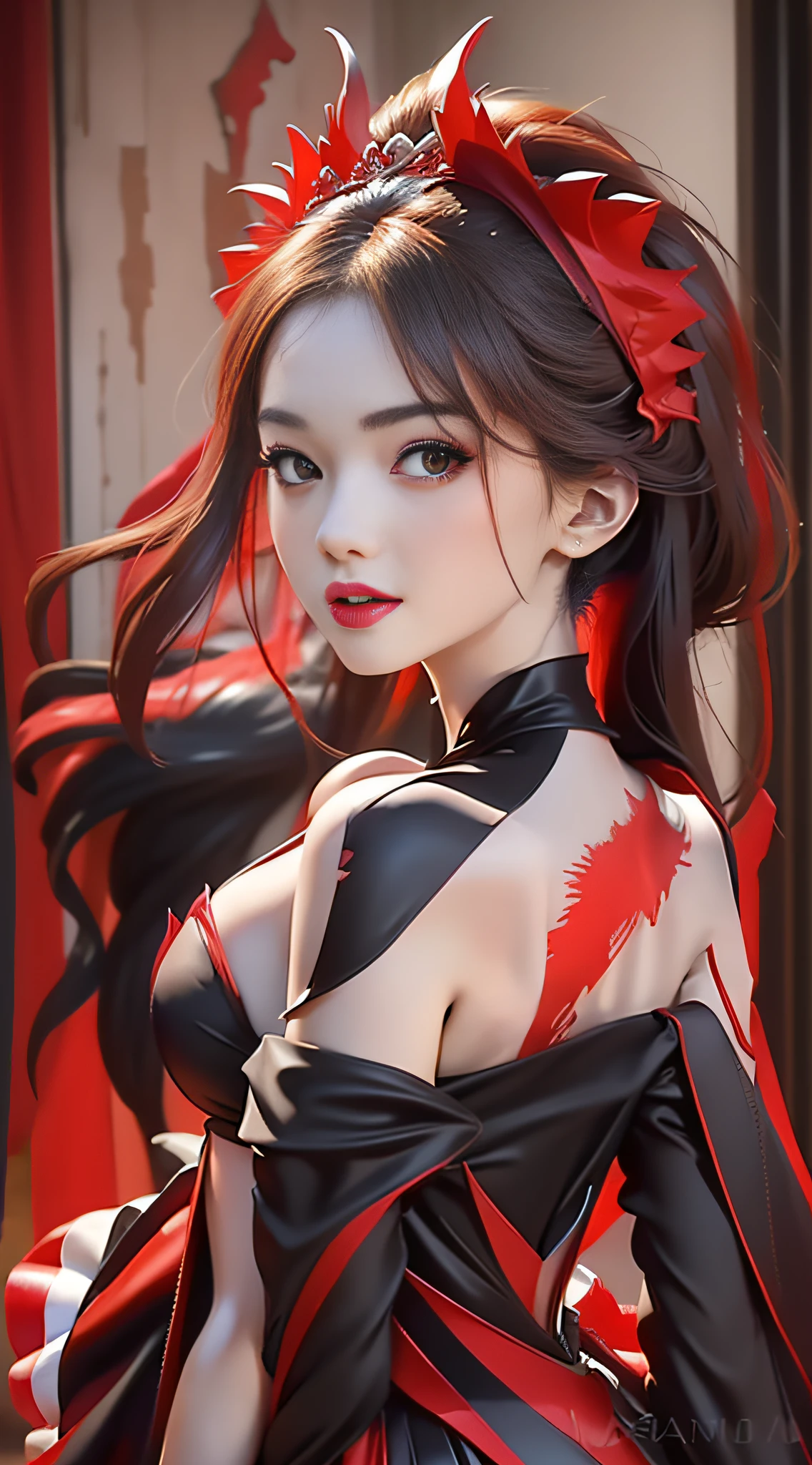 (Ancient style, 24-year-old female model, slim body), (static pose, side half, hands behind the back), (background black or red or high saturation red), (classical phoenix crown, red wedding dress), (small bust, natural red lips), (cut to emphasize red wedding dress), (elegant, dignified), (beautiful light and shadow), (clear and detailed)