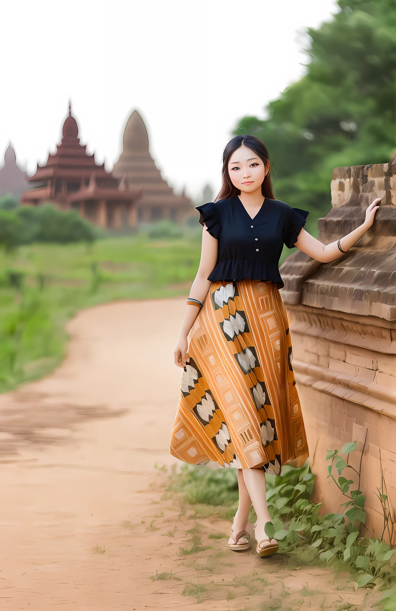 Background Bagan pagoda, beautiful girl, standing in front of pagoda, bright eyes, beautiful eyes beautiful face, professional lighting,