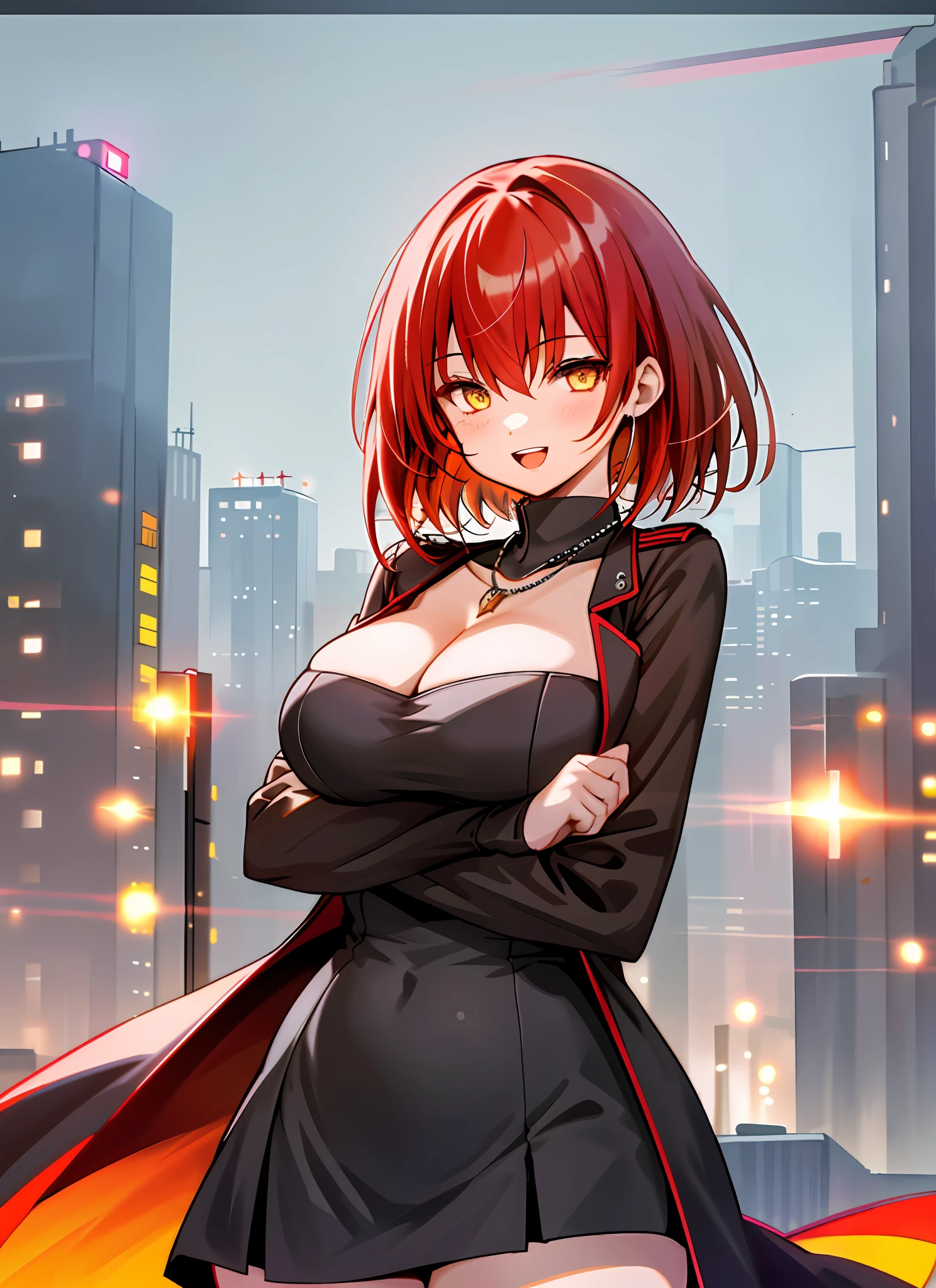 1girl, curvaceous, hip, upper body, watch viewer, cowboy shot,young, ,necklace,big,open mouth, red hair, uniform, short cut, knee socks, brown, sister, arms crossed, smile, yellow eye, building, city, black clothes, thighs, night view, neon