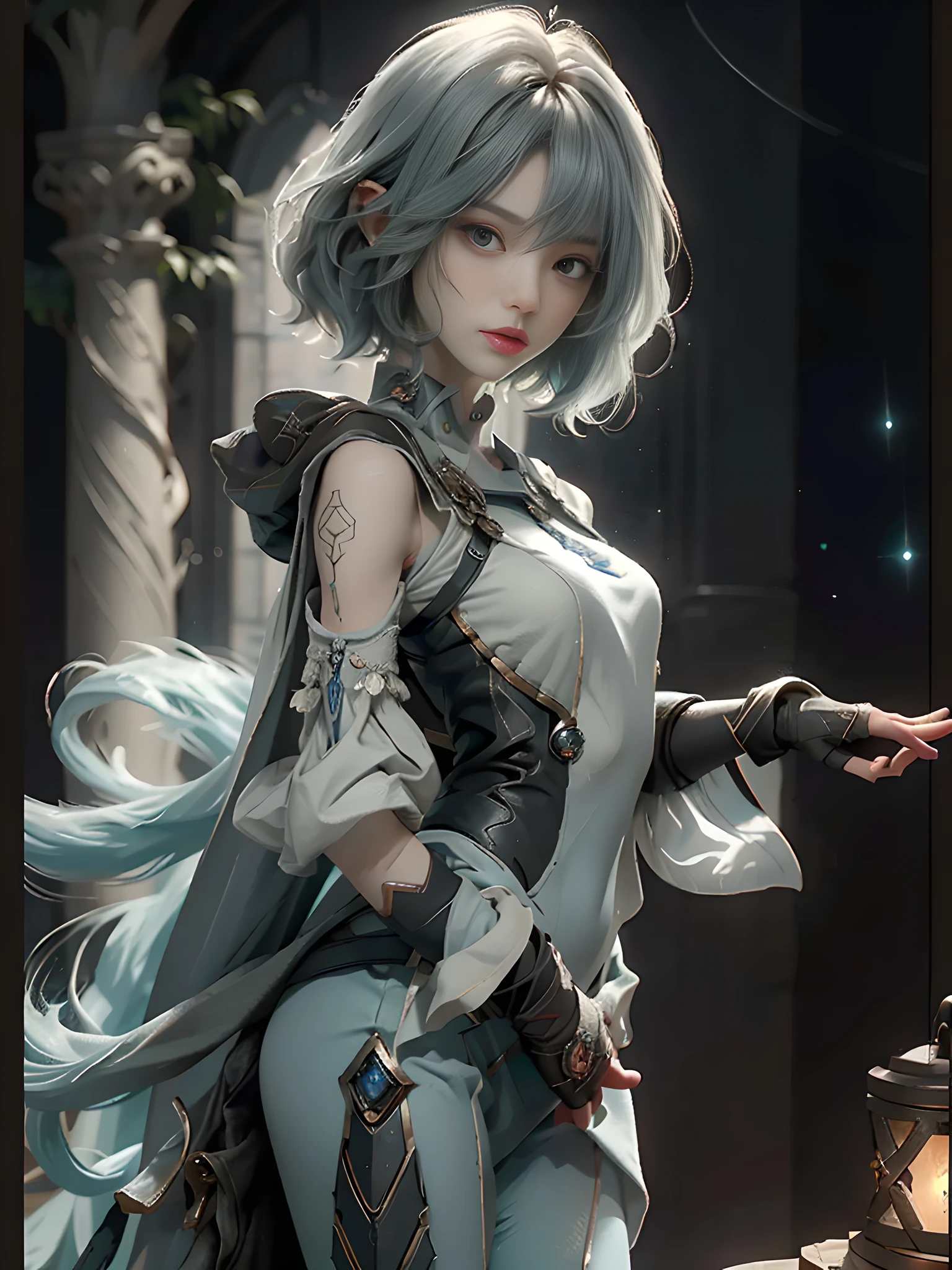 ((Best Quality)), ((Masterpiece)), (Details: 1.4), 3D, Bust, Portrait of a Young Girl, ((Facing Square)), (Body Facing the Viewer), (A Beautiful Petite and Slender Young Girl Image), ((Small Breast, Small Head)), ((Bust Photo)), (Upper Body), (slender perfect body: 1.2), (perfect face), (young face), (perfect eyes), (perfect hands), (perfect fingers), (neck-length short hair: 1.5), (concise tight one-piece combat suit: 1.3), golden hair, collar, (gloves: 1.2), (guns), chains, in the distant future, the line between science fiction and fantasy has disappeared, and the world is an awesome tapestry of wonder. Enter a universe where magic and technology coexist in harmony and shape the fate of civilization in the vast expanse of space. At the heart of this field is celestial relations, an interstellar center of mysterious energy and technological wonders. Here, arcane knowledge is intertwined with cutting-edge science, giving birth to a society where spaceships are filled with the power of ancient spells, while occult art enhances technology. As a young explorer, embark on a grand adventure destined to unlock the secrets of the celestial bond. As you travel through the uncharted realms of the universe, encounter various civilizations full of creatures with extraordinary abilities. From the ethereal spire of the elves, where the art of traveling across dimensions is perfected, to the cybernetic enclave of the Android Group, witness the tapestry of life where magic and technology intertwine. Unleash your latent power as you adapt to the energy flowing through the Nexus. Take advantage of the ancient spells of forgotten witchcraft to propel your starship through the vast universe. Engage in epic battles against Cosmic Abomination and Intergalactic Tyrants, wielding enchanted weapons infused with future enhancements. Uncover the origins of this harmonious blend of magic and technology as you delve into the mysterious realm of celestial relationships. Discover ancient prophecies that foreshadow catastrophic events that could upset this delicate balance. Unite with a group of extraordinary creatures, each with their own magical talents and technical expertise, and embark on a perilous quest to save Nexus from imminent destruction. In this epic saga, your choices will shape the fate of the world as the lines between science and witchcraft blur. Will you struggle to maintain a delicate balance between magic and technology, or will you plunge headlong into uncharted territory in search of redefining the structure of reality? Get ready to be captivated by the endless possibilities of Celestial Nexus, where science fiction and fantasy merge into a sublime symphony of adventures, where the universe itself becomes the canvas for your journey, (extremely detailed CG 8k wallpapers), (extremely delicate and beautiful), (masterpiece), (best quality: 1.0), (ultra resolution: 1.0), beautiful lighting, realistic shadows, [high resolution], detailed skins, ultra detail, HDR (high dynamic range), ray tracing, NVIDIA RTX, Super-Resolution, Unreal 5, Subsurface Scattering, PBR Textures, Post-processing, Anisotropic Filtering, Depth of Field, Maximum Sharpness and Sharpness, Multi-layer Textures, Albedo and Highlight Mapping, Surface Shading, Accurate Simulation of Light-Material Interactions, Perfect Proportions, Octane Render, Bicolor Light, Large Aperture, Low ISO, White Balance, Rule of Thirds, 8K RAW,