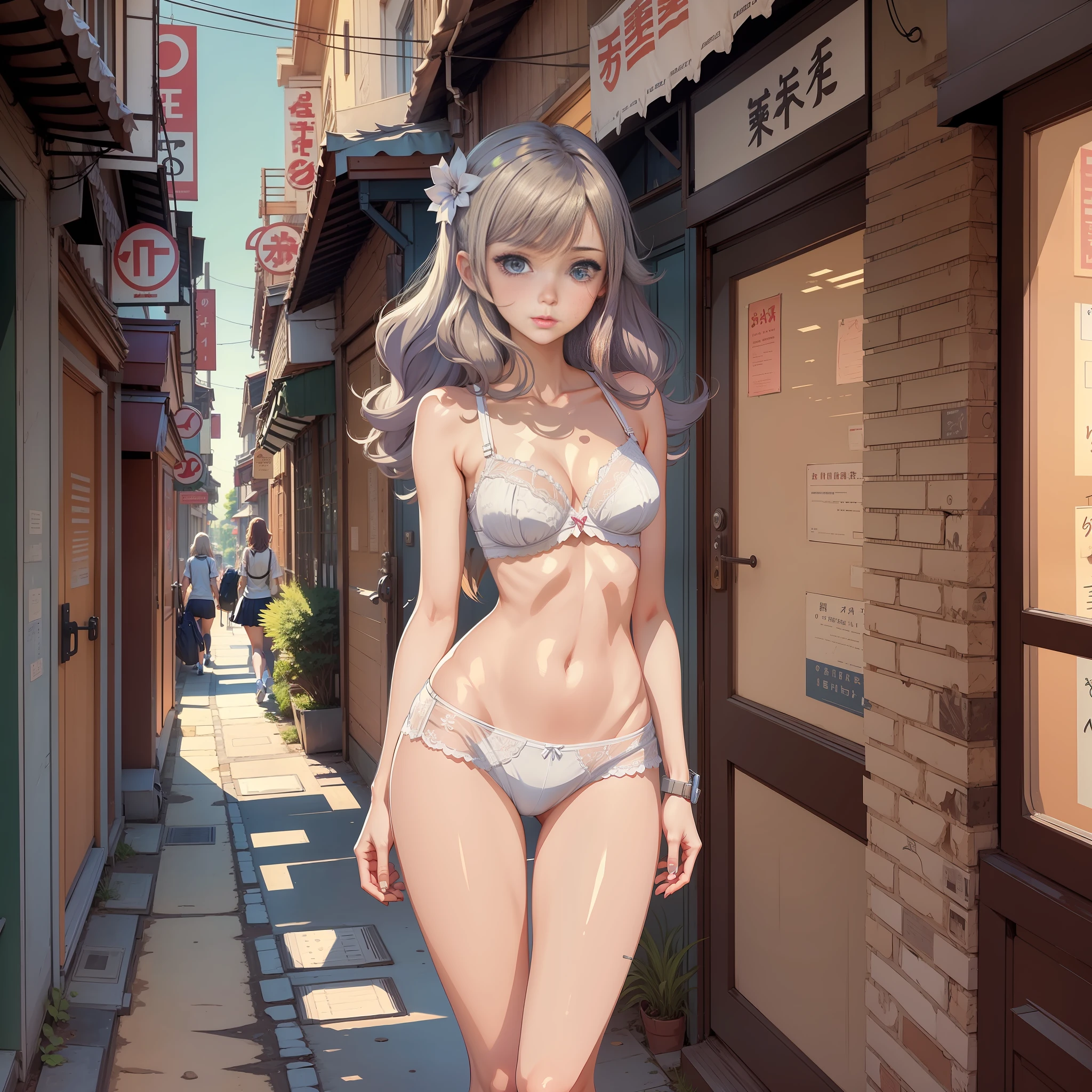 Girl in white  and , a lot of girls in  walking, anime girl, lively town, fantasy worldview, anime, right eyes, drawn eyes, right feet, right ankles, detailed drawing, masterpiece, girl ,