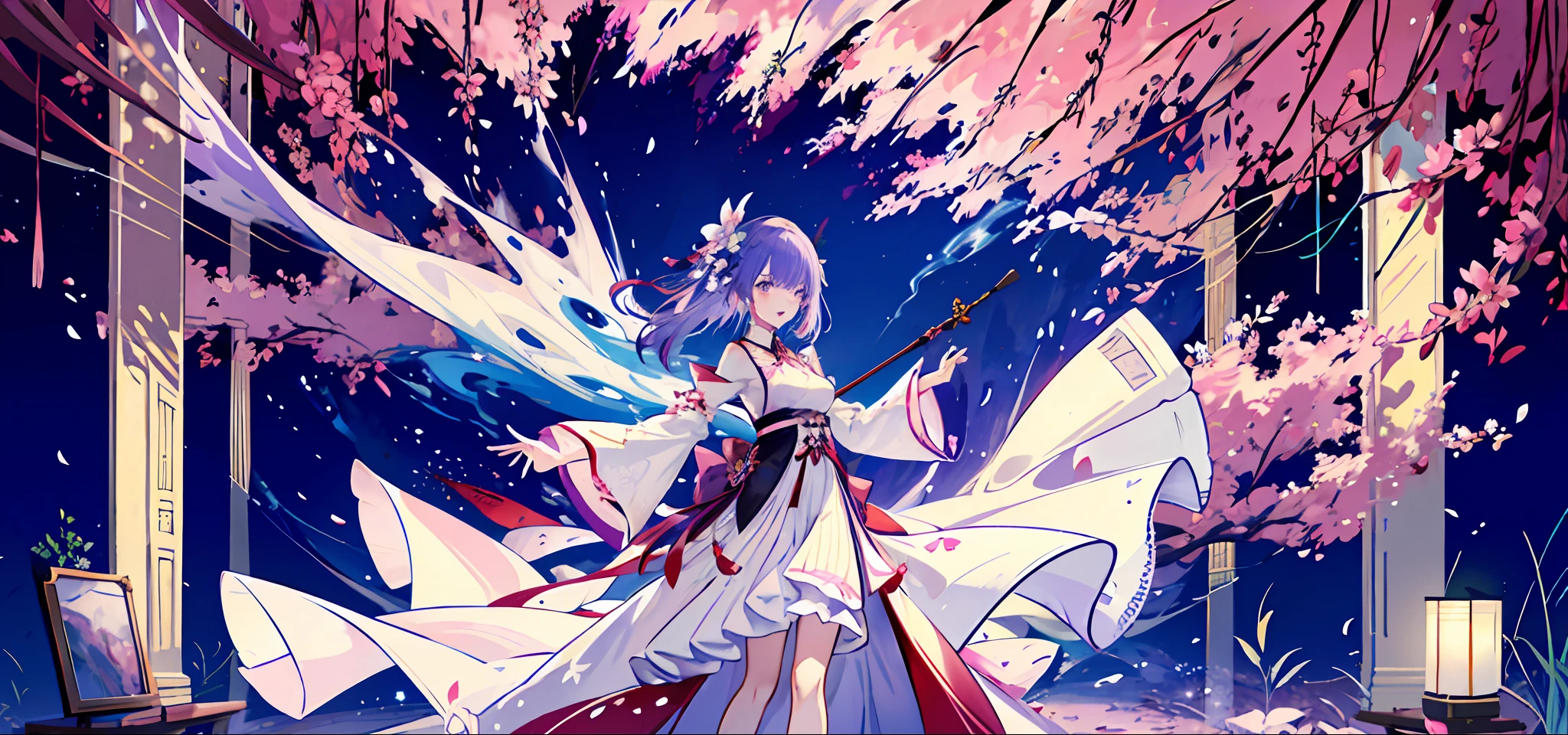 A woman in a red antique wedding dress lying on a peach blossom tree with Onmyoji's wand ,anime quadratic 4K art,Genshin impact,Genshin Impact character,,Anime 4K art,1 girl, solo, barefoot, long hair, purple hair, purple eyes, book, full body, dress, ahog, looking at the audience, white dress, split sleeves, hair accessory, bangs, holding, wide sleeves, purple ribbon, blush, smile, standing, stars (symbol), breasts, bare legs, very long hair, toes, ribbons, long sleeves, jewelry , feet, open book, open mouth, hold book, sleeveless, bare shoulders, flower, frills, bow, hair flower