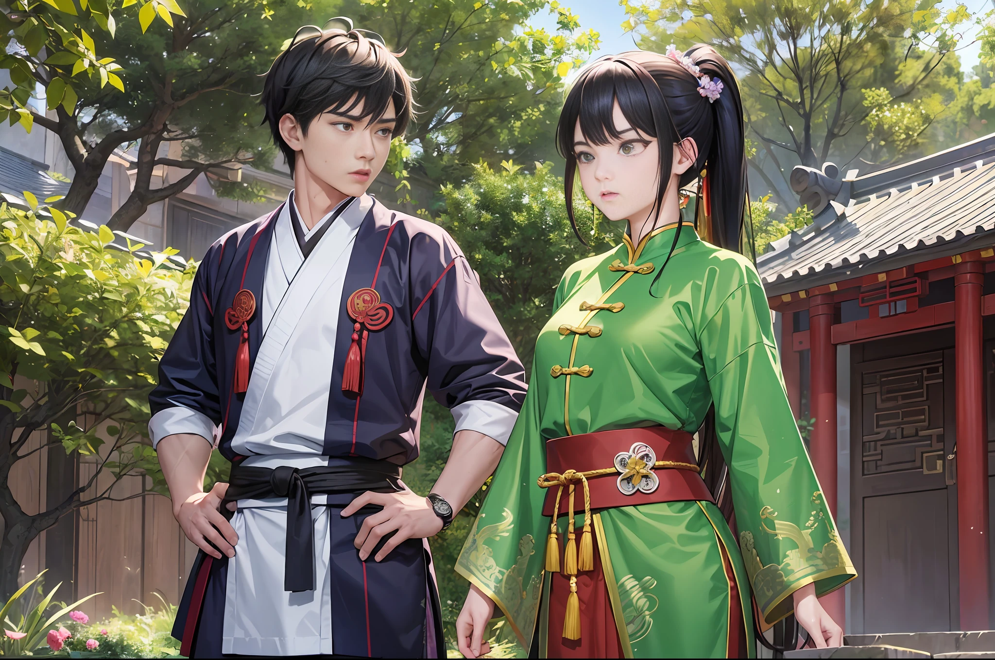 Ultra-high resolution. An 18-year-old boy and an 18-year-old girl, standing together and watching. The girl, green martial arts robe, with a surprised expression, was stunned and closed her mouth. Boy, purple martial arts robe, surprised, stunned, mouth closed, no movement, still picture. Martial arts training ground, outdoor, Chinese ancient style, Chinese martial arts. Stand and watch, look ahead. 4K.