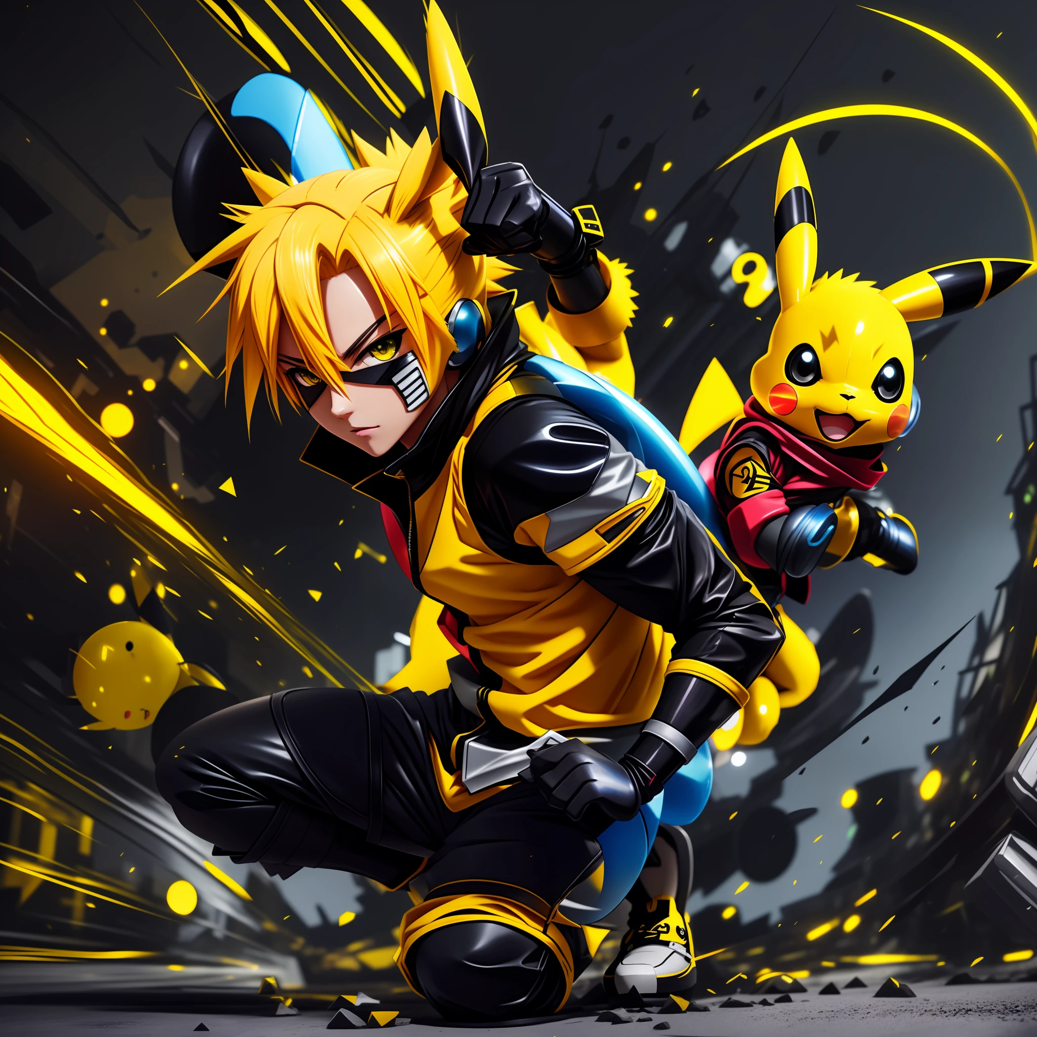 anime character with yellow hair and black gloves crouching down with a pikachu, megaman as pikachu, badass anime 8 k, pikachu as a human, anime style 4 k, cyberpunk pikachu, epic anime style, naruto artstyle, illustration pokemon, concept art of pikachu, anime styled 3d, ninja, pikachu, high quality anime artstyle, high quality fanart