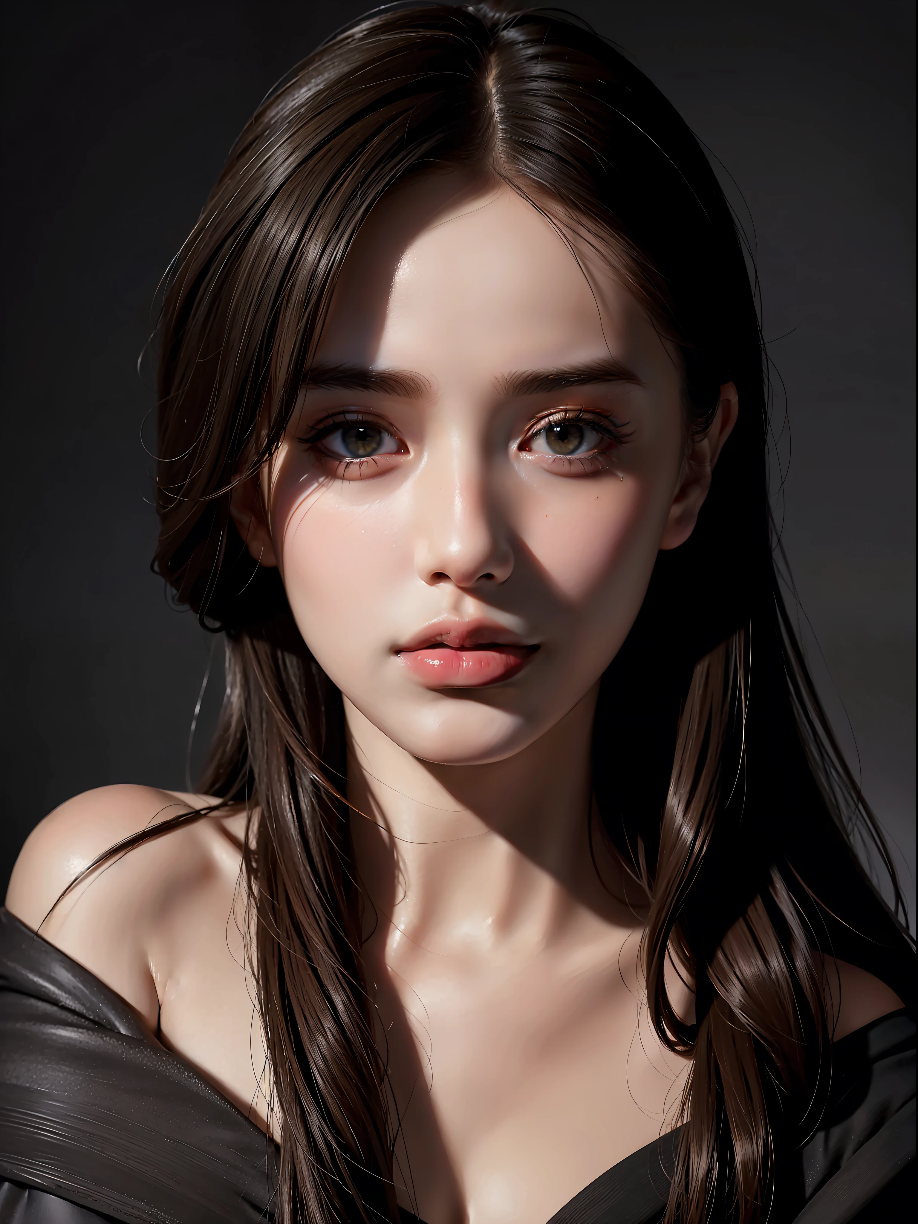 Best quality, masterpiece, ultra high res, (photorealistic:1.4), raw photo, 1girl, offshoulder, in the dark, deep shadow, low key, cold light