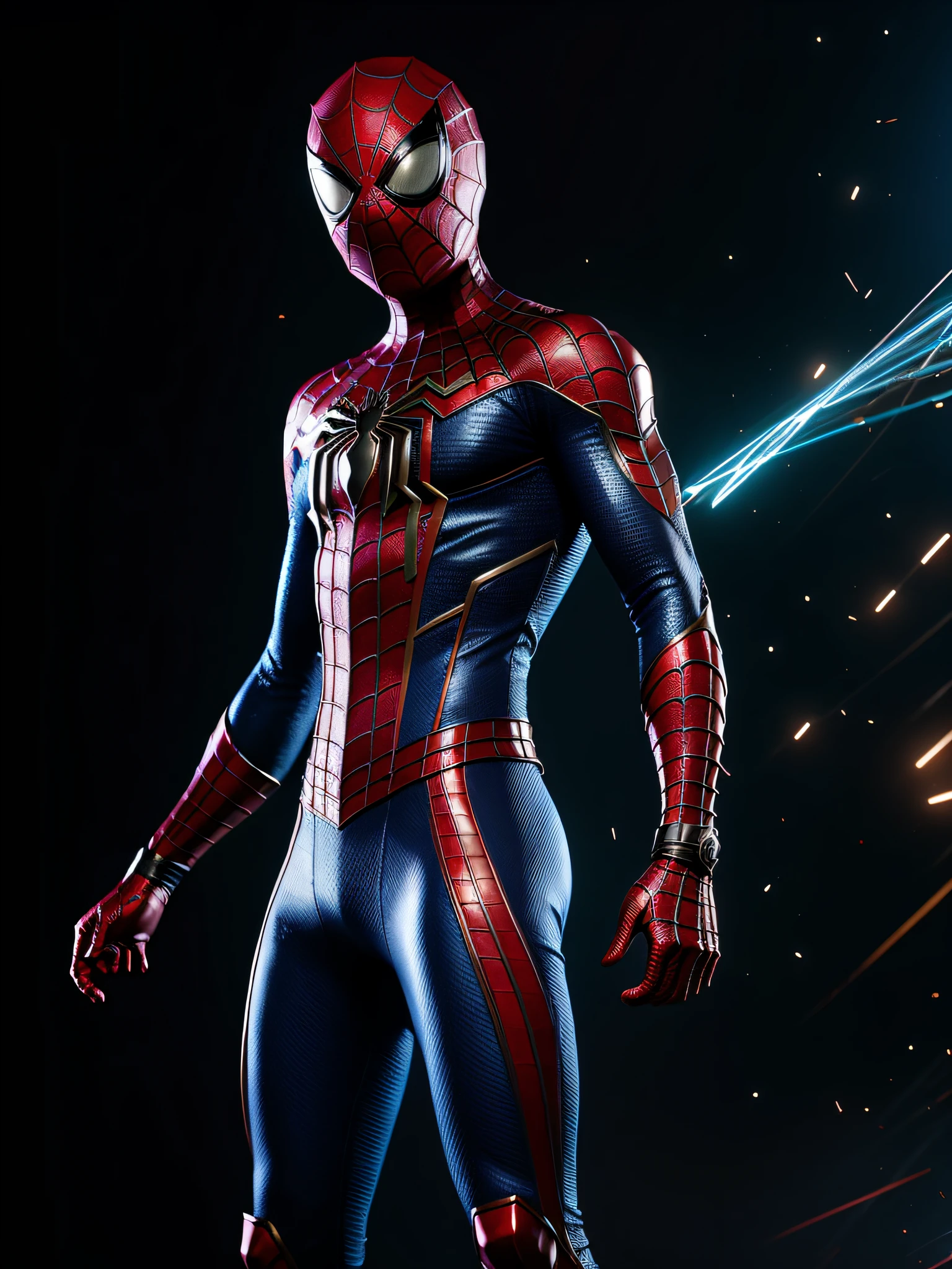 midjourny-v4 style, Professional Photoshot medium a spiderman perfectly played by gwen Stacy with highly detailed intricate cybernetics outfit, highly detailed beautiful face, standing in darkness with black particles surrounded the body, proportional body shape + perfect anatomy, symetrical dynamic pose, volumetric shadow, neon glowing dust particles effect + detailed particles, full hd render + 3d octane render + unreal engine 5 graphic 4k UHD + immense detail + dramatic lighting + well lit + intricate + fine details + octane render + Ray tracing + 8k + sharp focus + high vibran contrast, in the style Marvel style, trending on ArtStation
