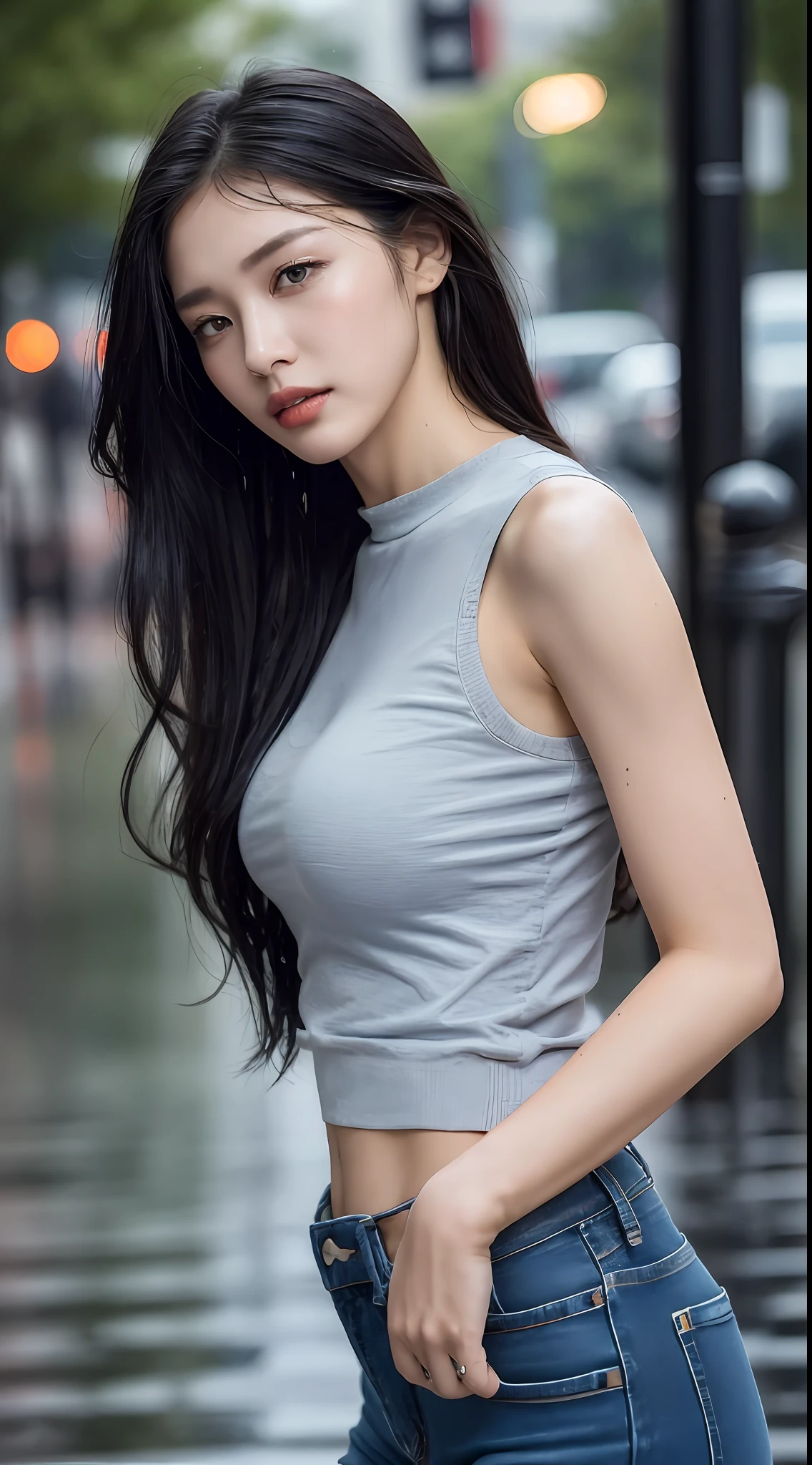((Best quality, 8k, Masterpiece: 1.3)), Sharp focus: 1.2, a beautiful woman with perfect body: 1.4, Slim abdomen: 1.2, (long hair, black hair), (????????????????: 1.6), (sleeveless summer knit: 1.2), (Rain, Street, night: 1.2), (Wet body, wet clothes: 1.1), Highly detailed face and skin texture,  Detailed eyes, Double eyelid, ????, wet hair, ripped skinny jeans, rainy sky, thin waist, cowboy shot, (from side)