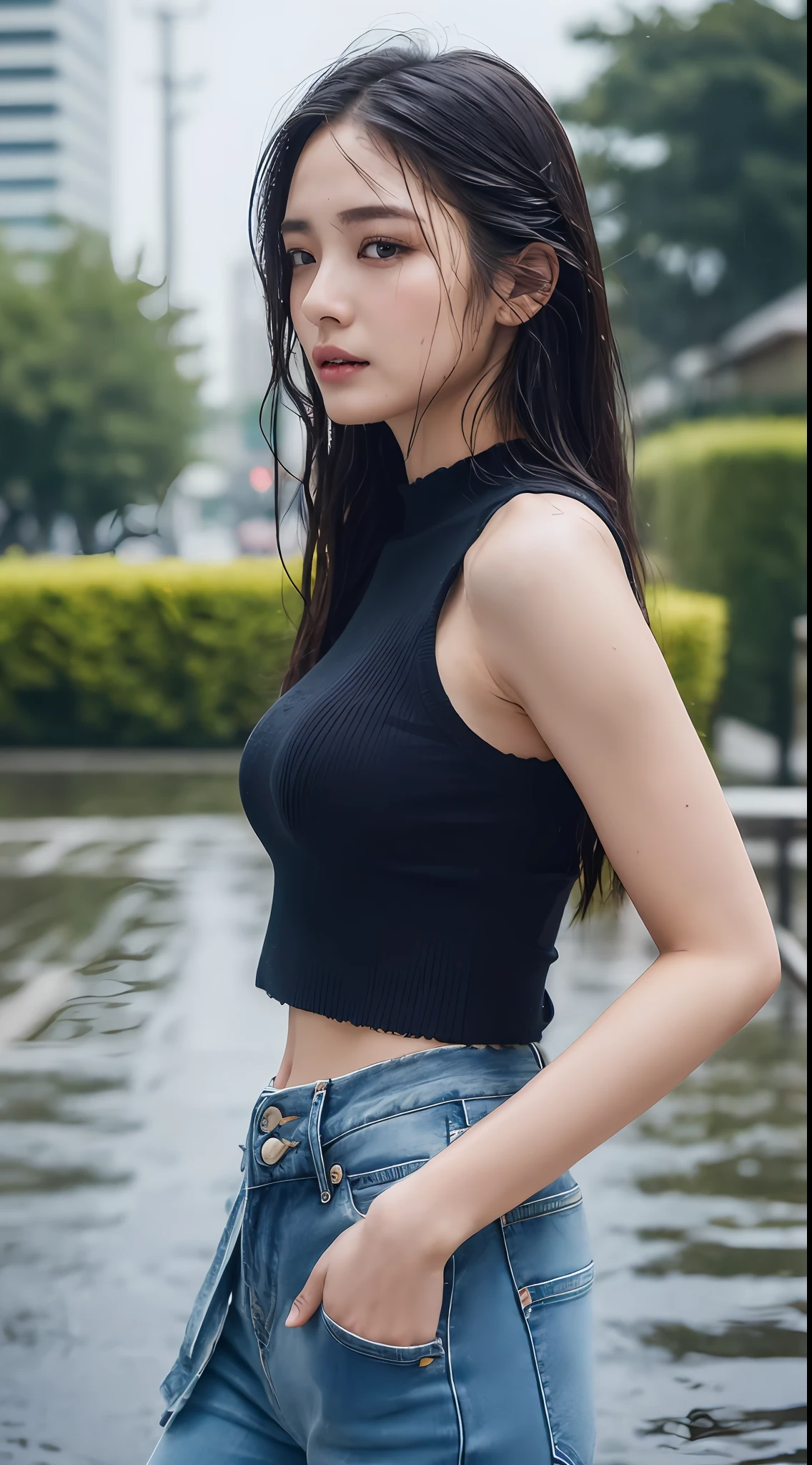 ((Best quality, 8k, Masterpiece: 1.3)), Sharp focus: 1.2, a beautiful woman with perfect body: 1.4, Slim abdomen: 1.2, (long hair, black hair), (gigantic breasts: 1.6), (sleeveless summer knit: 1.2), (Rain, Street, night: 1.2), (Wet body, wet clothes: 1.1), Highly detailed face and skin texture, Detailed eyes, Double eyelid, sexy, wet hair, ripped skinny jeans, rainy sky, thin waist, cowboy shot, (from side)
