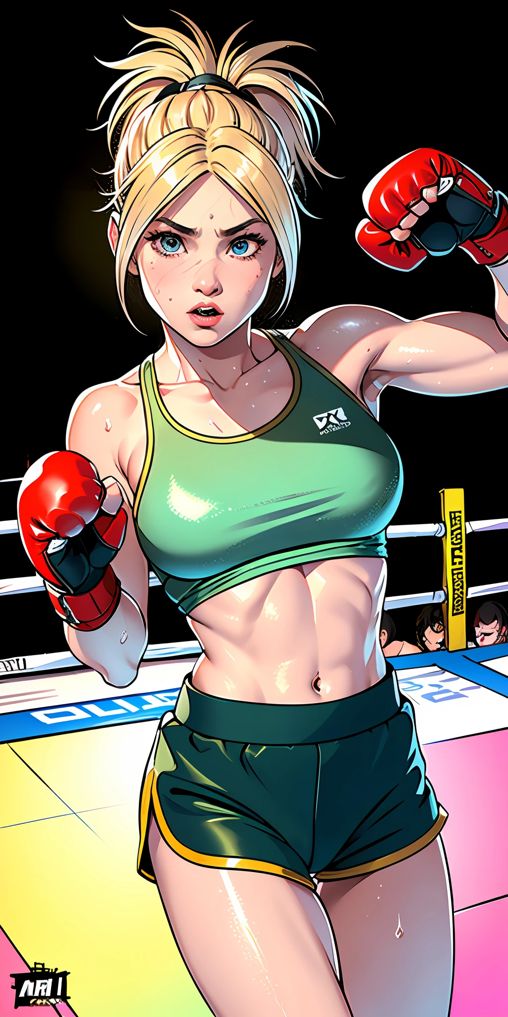 (original), (very detailed wallpaper), (best quality), (masterpiece), photographic reality, realistic, very detailed illustrations, (1 girl), she is Rikku, beautiful eyes, (delicate face), perfect details, (better lighting), (super complex details), (boxer), (aggressive punches), sweat, (oppressive attack), (boxing ring, detailed background), athletic shorts, perfect details, perfect fingers, perfect limbs, impact, (shiny skin), abdomen, muscles, waist, boxing shorts, fighting, messy blond hair with ponytail and bangss , unified 4K, (super detailed CG: 1.2), (8K: 1.2), realistic, octane rendering