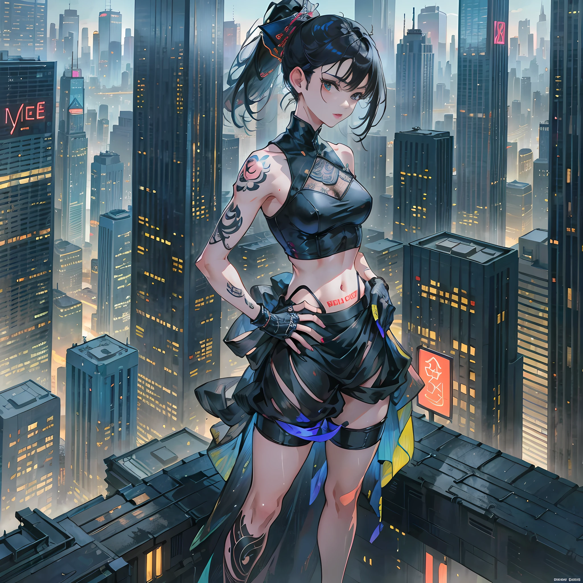 masterpiece, highres, original, extremely detailed wallpaper, an extremely delicate and beautiful,skyscrapers, neon lights, city, stand on the roof, rooftop, bandaged hands, barefoot, mechanical legs, shorts, tattoo, standing, hand on hip, black hair, ponytail, full body, 1girl, parted lips, backlighting, small , ruins, crop top. --auto --s2