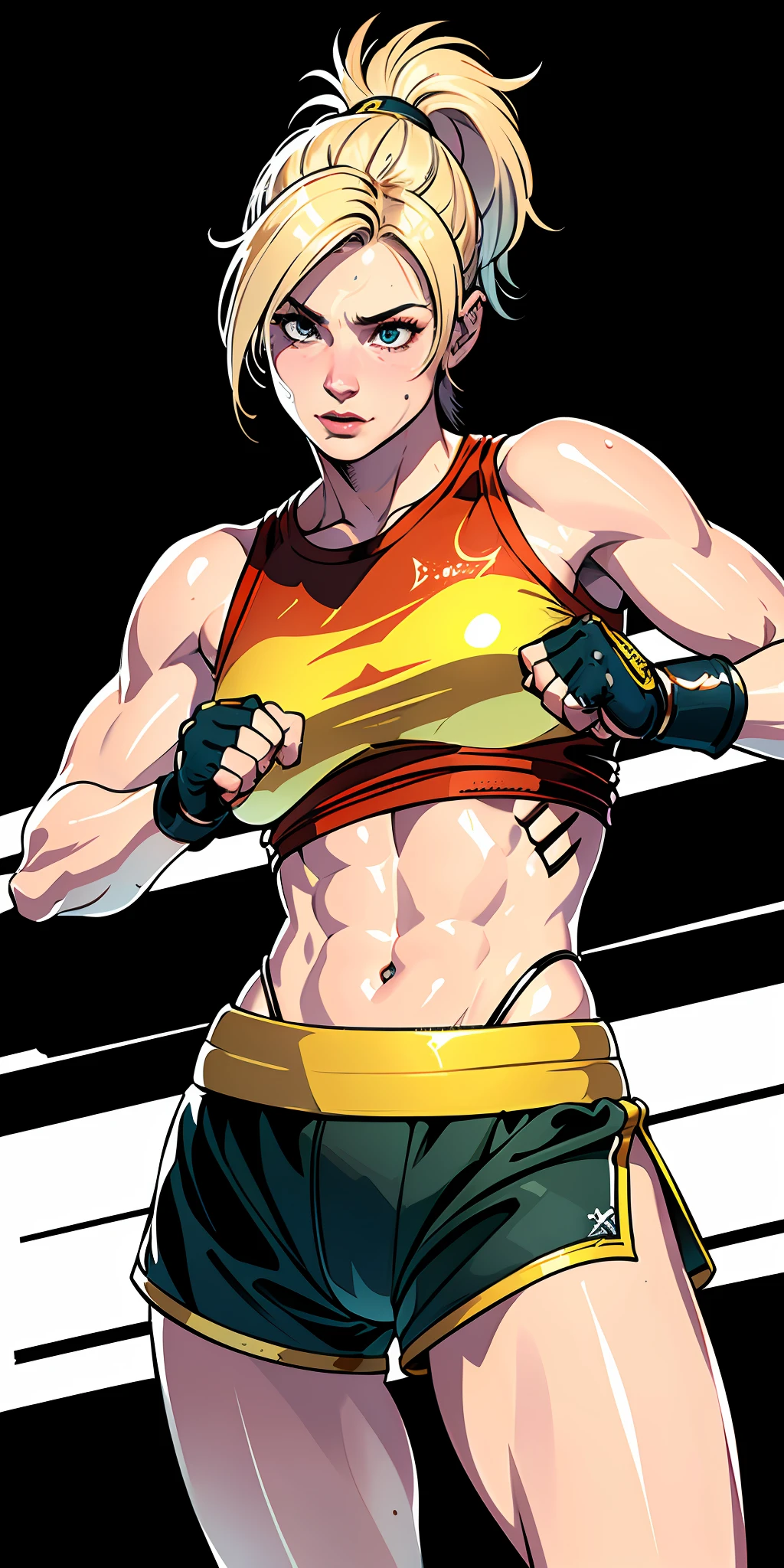 (original), (very detailed wallpaper), (best quality), (masterpiece), photographic reality, realistic, very detailed illustrations, (1 girl), she is Rikku, beautiful eyes, (delicate face), perfect details, (better lighting), (super complex details), (boxer), (aggressive punches), sweat, (oppressive attack), (boxing ring, detailed background), athletic shorts, perfect details, perfect fingers, perfect limbs, impact, (shiny skin), abdomen, muscles, waist, boxing shorts, fighting, messy blond hair with ponytail and bangss , unified 4K, (super detailed CG: 1.2), (8K: 1.2), realistic, octane rendering