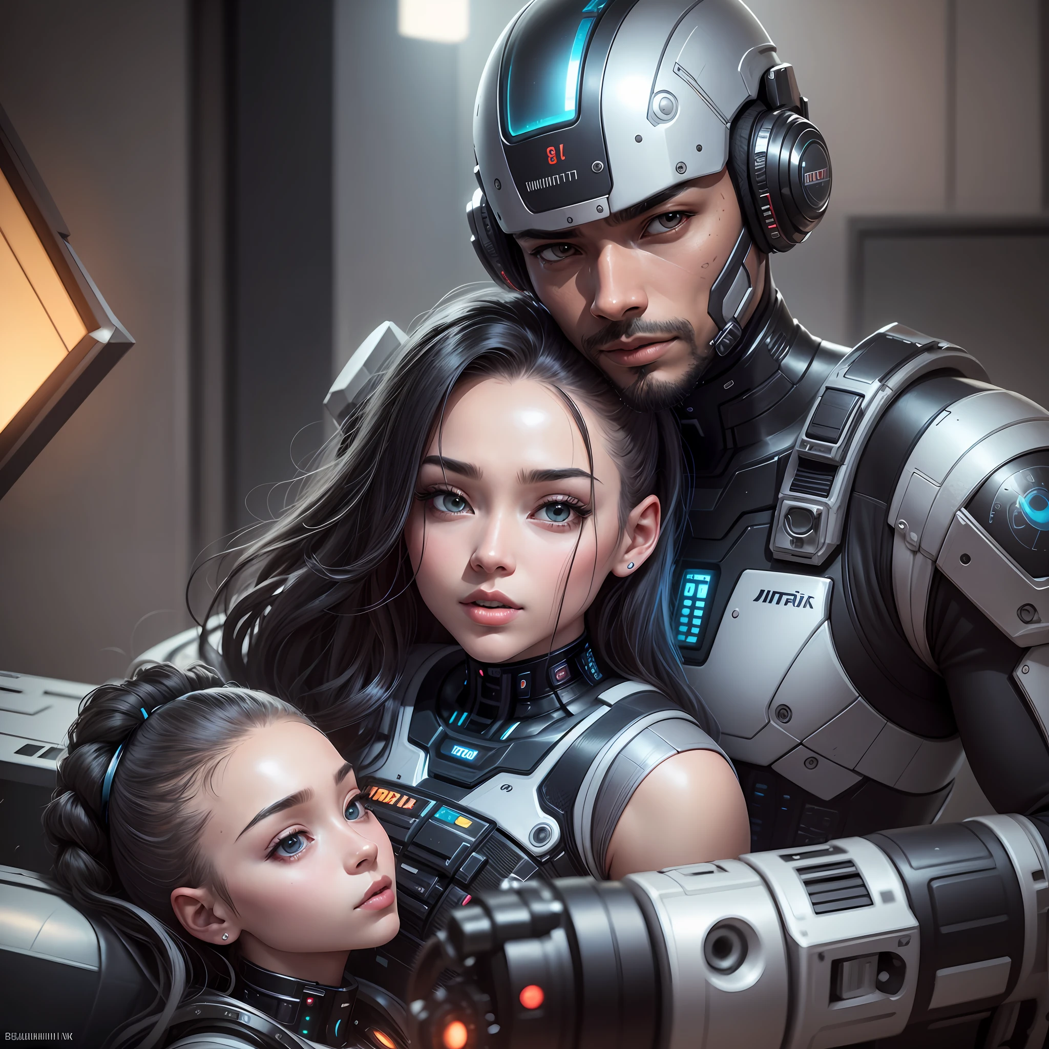 imagine the year 3457 an Android woman and a human being are the first couple like this in history and they go to live tv announce that they will have a child and humanity reacts badly to the new baby half human half Android however they both love each other , has to have a cyber punk vibe she is beautiful and he is black and looks like Will Smith all in perfect 8k quality, uhd, severe low lighting, high quality, sharp focus, fujifilm XT3 --auto --s2