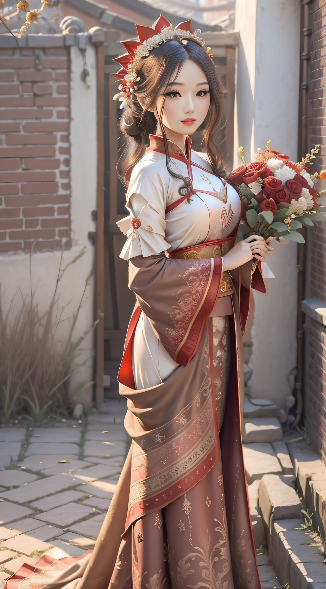 (Extremely detailed CG HD wallpaper: 1.1, ancient beauty: 1.1, ethereal: 1.2, noble and elegant: 1.2, romantic: 1.1), high-end clothing, exquisite makeup, 24 years old, warm as jade, natural red lips, beautiful figure, red yarn ancient costume wedding dress, back hand posture, phoenix crown Xia hand, presenting the beautiful sense of ceremony of ancient weddings, old Beijing Wafang hutong, new and new brick walls, old window frames, simple style, leisurely posture, sunshine oblique, beautiful and warm.