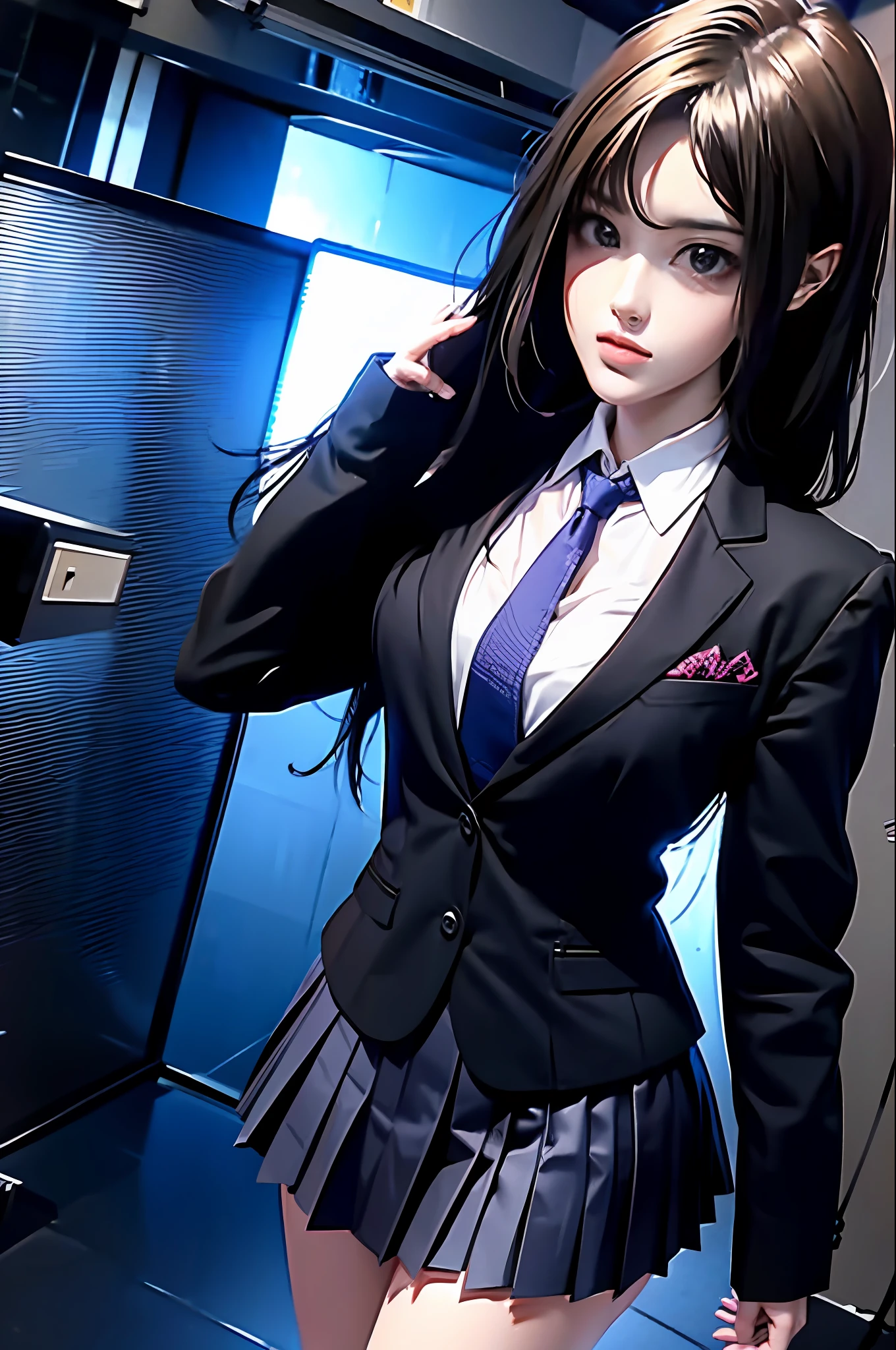 school girl 16 yo, pleated skirt, looking at viewer, from front, japan cyberpunk background, (dramatic angle, dynamic pose)
