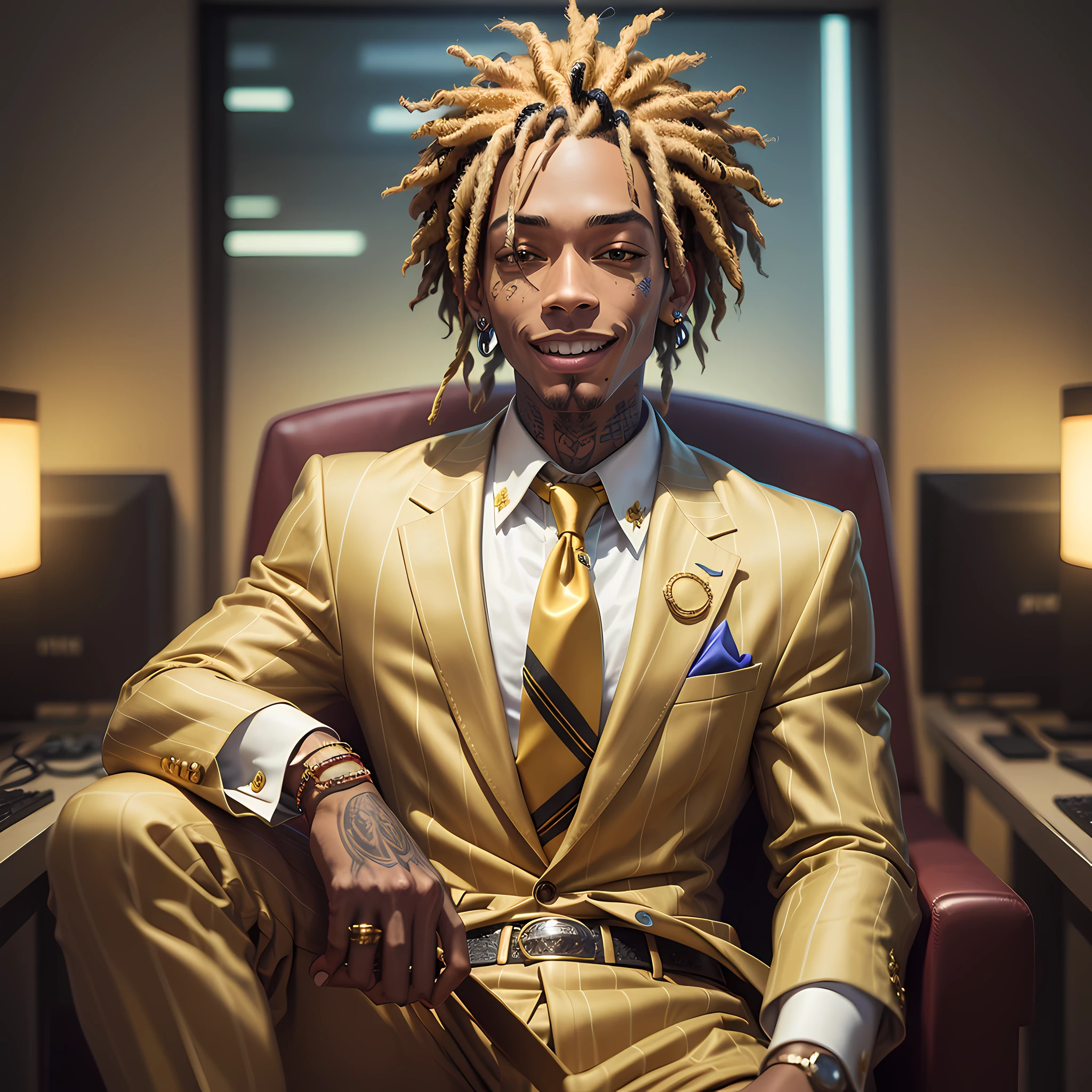 Create Wiz Khalifa in a studio dressed by Louis Vitton with light in the studio with high quality, filter, very high texture, 4K, with gold teeth, with tie suit, with long rasta, brightness, smiling --auto --s2