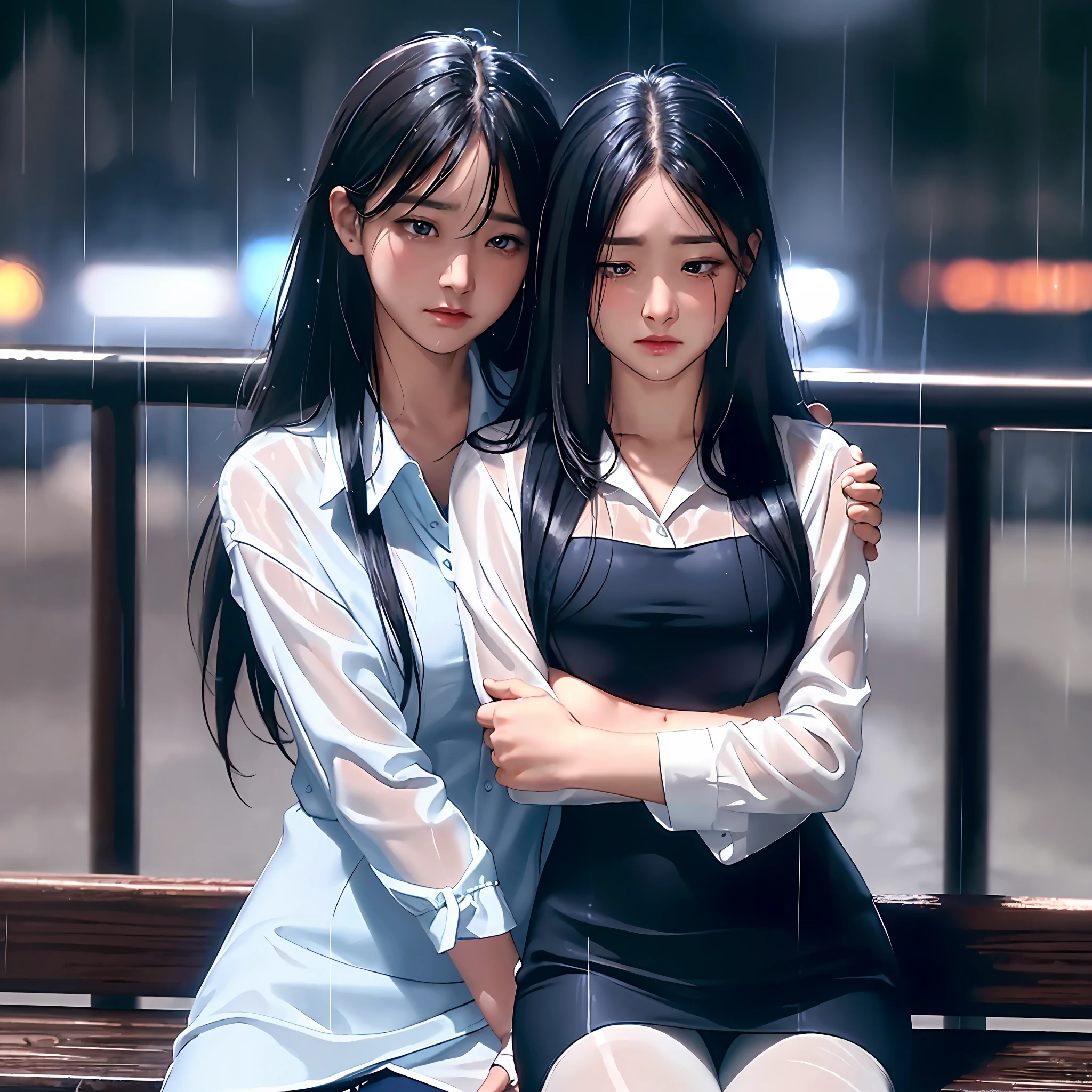 (best quality:1.2), (masterpiece:1.2), (perfect lighting), (detailed background), beautiful face, extremely-detailed eyes, 1girl, solo, cowboy shot, long hair, black hair, wet hair, white wet blouse, navy blue tight skirt, pantyhose, (hugging herself:1.2), crying, tears, sorrow and sad expression, sitting on the bench in the city, (heavy rain:1.1), night time, dark night, dark environment,