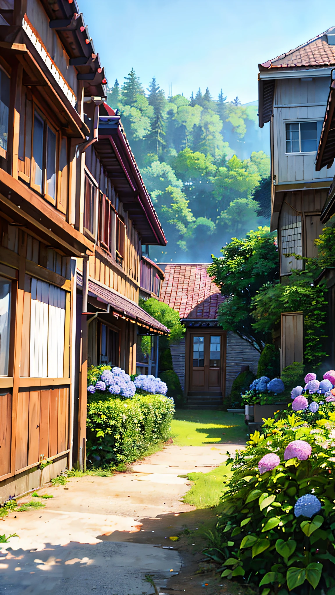 (ultra high res,photorealistic,best quality,photo-realistic),(8k,raw photo,best quality,masterplece),(photon mapping,radiosity,physically-based rendering,automatic white balance),real person,photograph,bridge, building, bush, city, cloud, day, door, fence, field,orest, garden, grass, house, hydrangea, mountain, nature, no_humans, outdoors, path, plant, potted_plant, purple_flower, road, scenery, sky, skyscraper, traditional_media, tree,