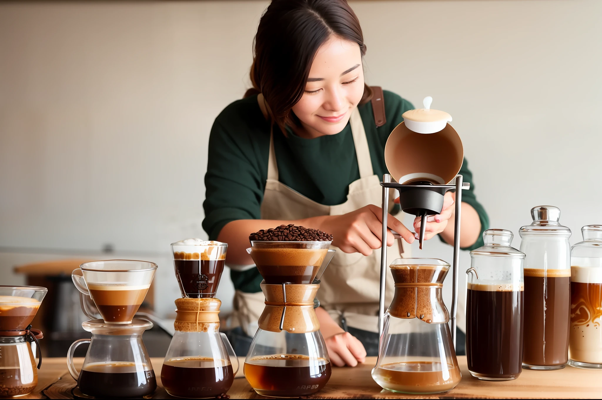 arafed woman pouring coffee in a glass container on a wooden table, yummy, celebration of coffee products, blending, small hipster coffee shop, crisp details, enjoying coffee at a coffee shop, coffee, starbucks aprons and visors, cold brew coffee ), aussie baristas, artisan, girl, portrait shot, petite, grainy, steaming coffee, outstanding detail