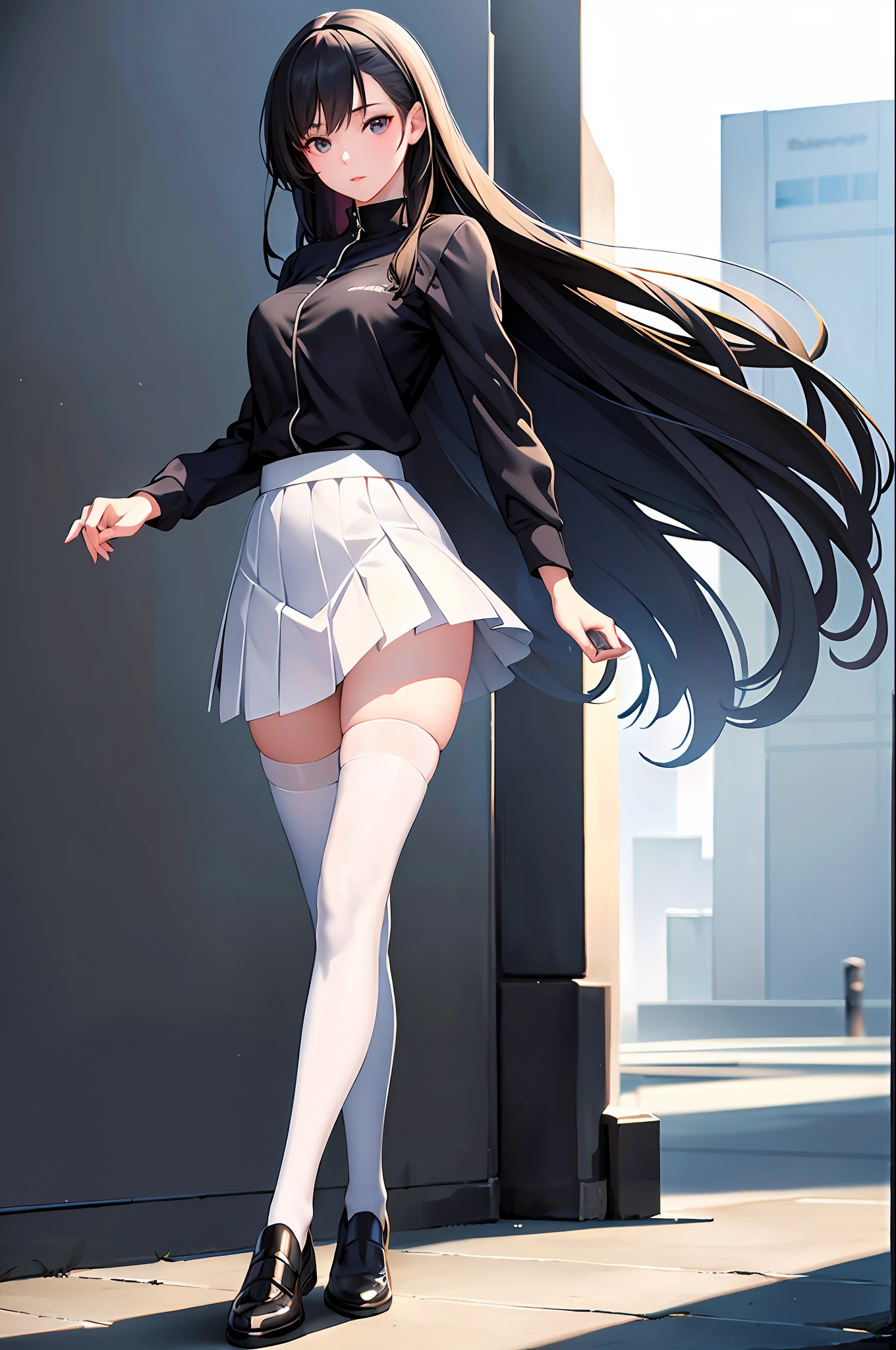 ((masterpiece, best_quality)), 1girl, (photorealistic:1.4),  solo, white_background, black_hair, long_hair,   zettai_ryouiki, skirt, ((full_body)),