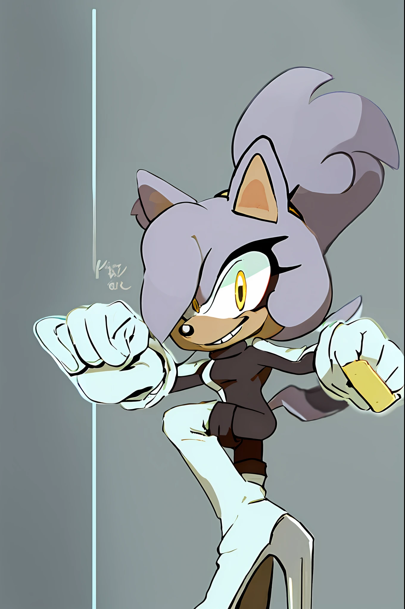 mobian, , 1girl, solo, animal ears, gloves, furry female, boots, animal nose, smile, white gloves, thigh boots, clenched hands, signature, high heels, teeth, full body, standing, standing on one leg, looking at viewer, ponytail, yellow eyes, breasts, grin, makeup, thighhighs