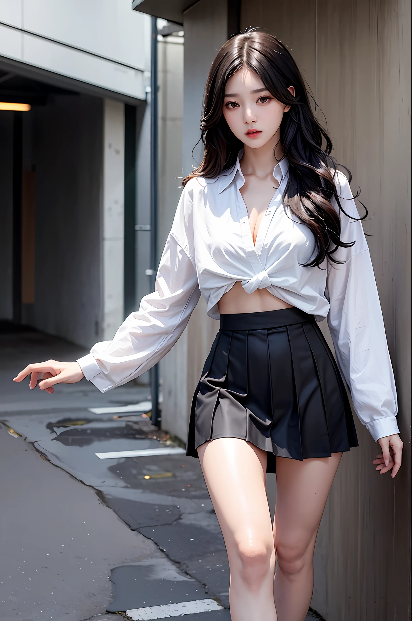 realistic, high resolution, 1 girl, black wavy hair, korean, heterochromic eyes, ,white shirt, black pleated skirt, small breasts, long legs, tight abs,