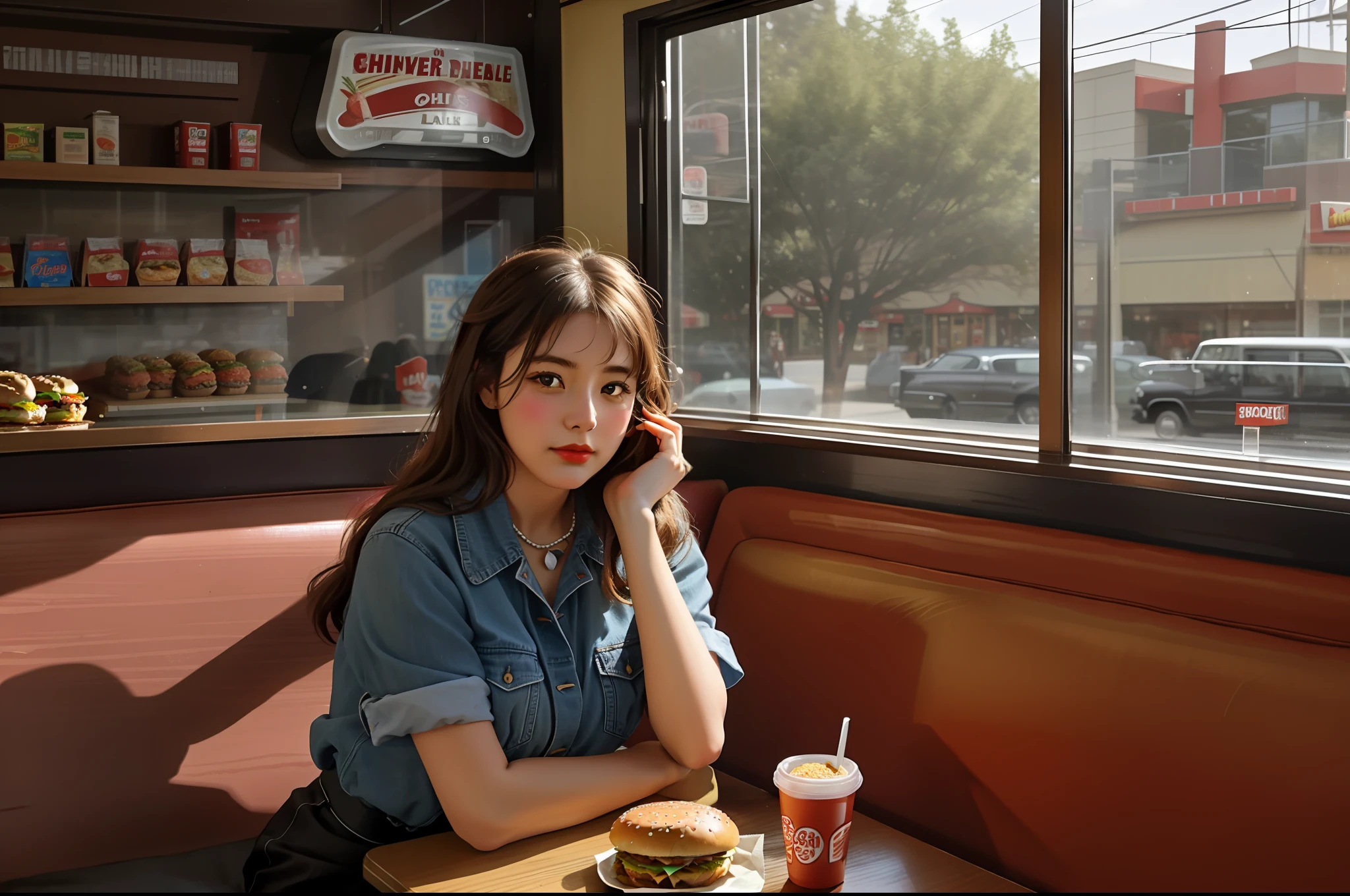 1950s, suburb western USA style, in a family restaurant, fast food restaurant, cold light,idle young people, my girlfriend sitting on the couch, head supported by her arms,she looks out of the window,a big hamburger on the table, but not feeling like eating ,