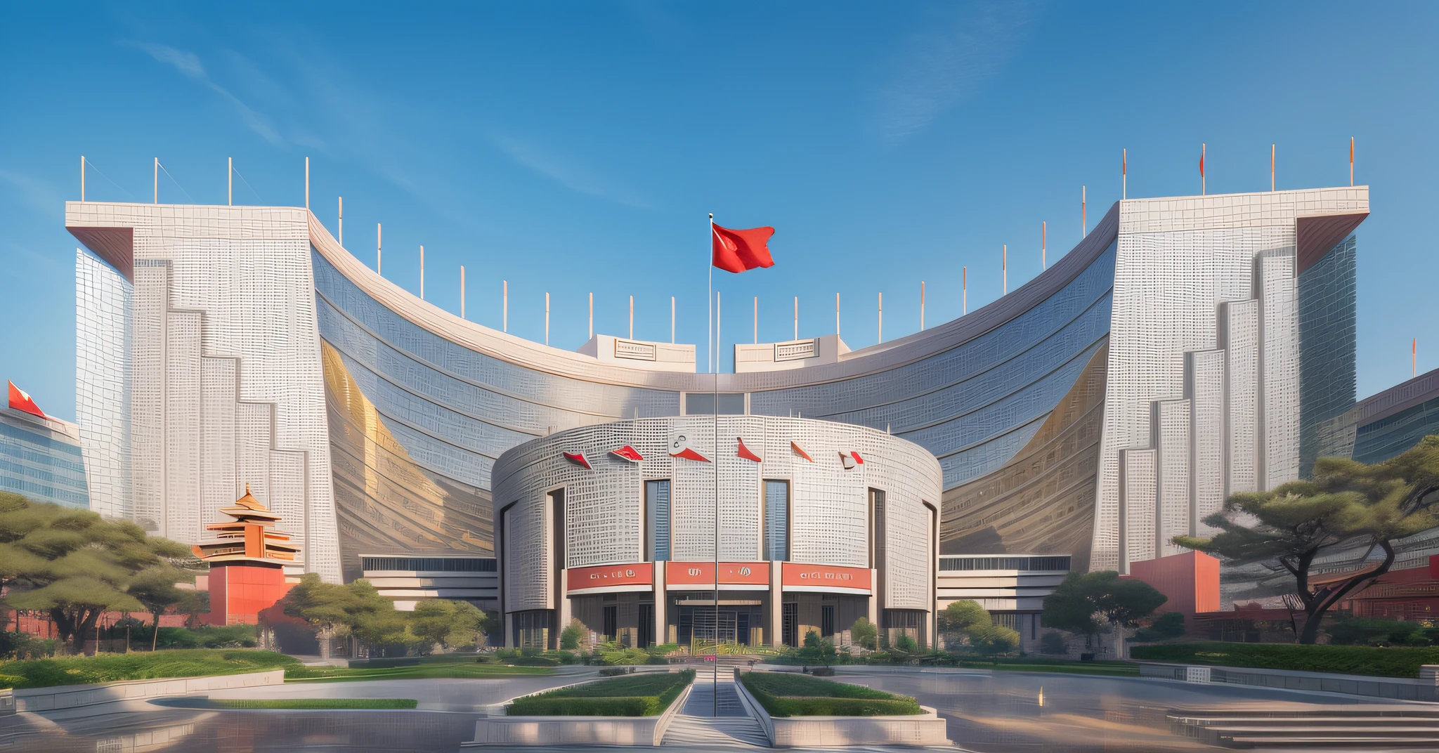 The highest picture quality, People's Bank of China, flag flying in the air, main building, symmetry, Beijing, detail restoration, master masterpiece