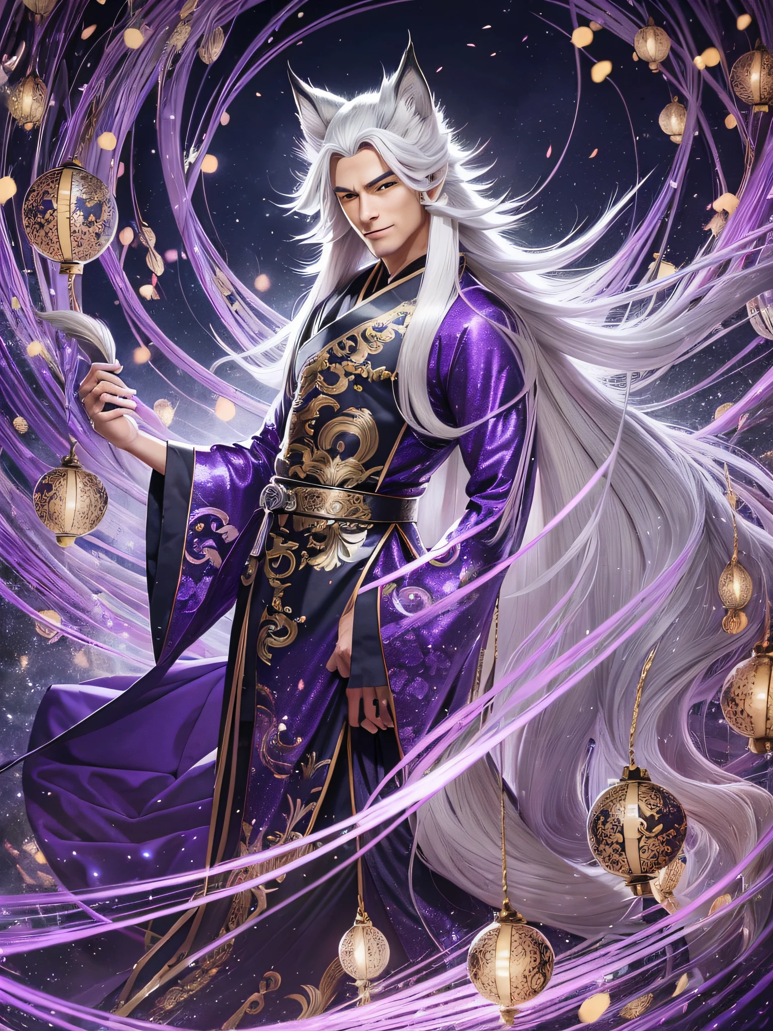 Male nine-tailed silver fox from Japanese mythology with long hair, in long old-style clothes, his nine tails loose like a fan on his back, he laughs, his sly laugh, (masterpiece), full-length, facing the viewer, surrealism, fantastic lighting, fireflies, sequins, general tone silver-purple