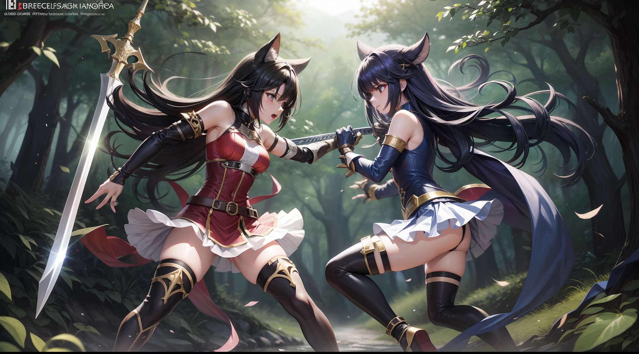 Full body shot of character from ragnarok online, two female duelists in a tight and intense fight to the death, both wielding short swords.They wear beautiful short dress with detached sleeves, long gloves, and skirt, accessorized with black thigh highs. The fighting takes place in a lush forest background.