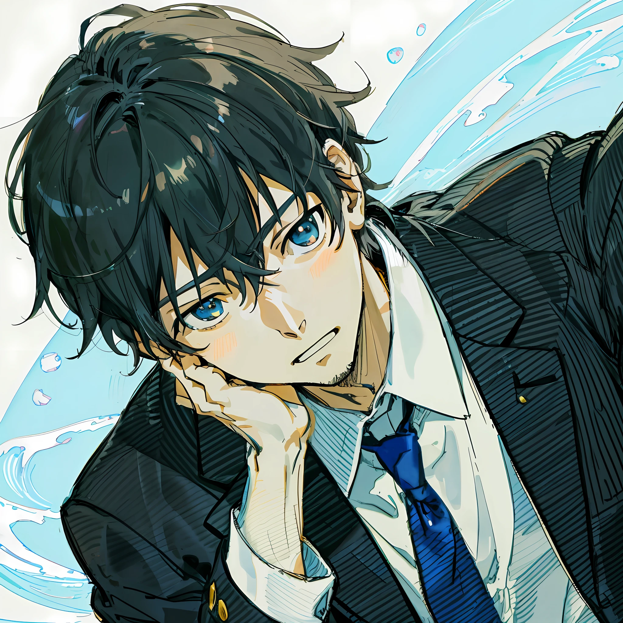 Anime man in suit leaning on chin looking at camera, anime, Ghibli, anime style, close-up, from the side, first person perspective, 8K, super detail, masterpiece, super detail, high quality, high resolution, high detail, white background, facial detail