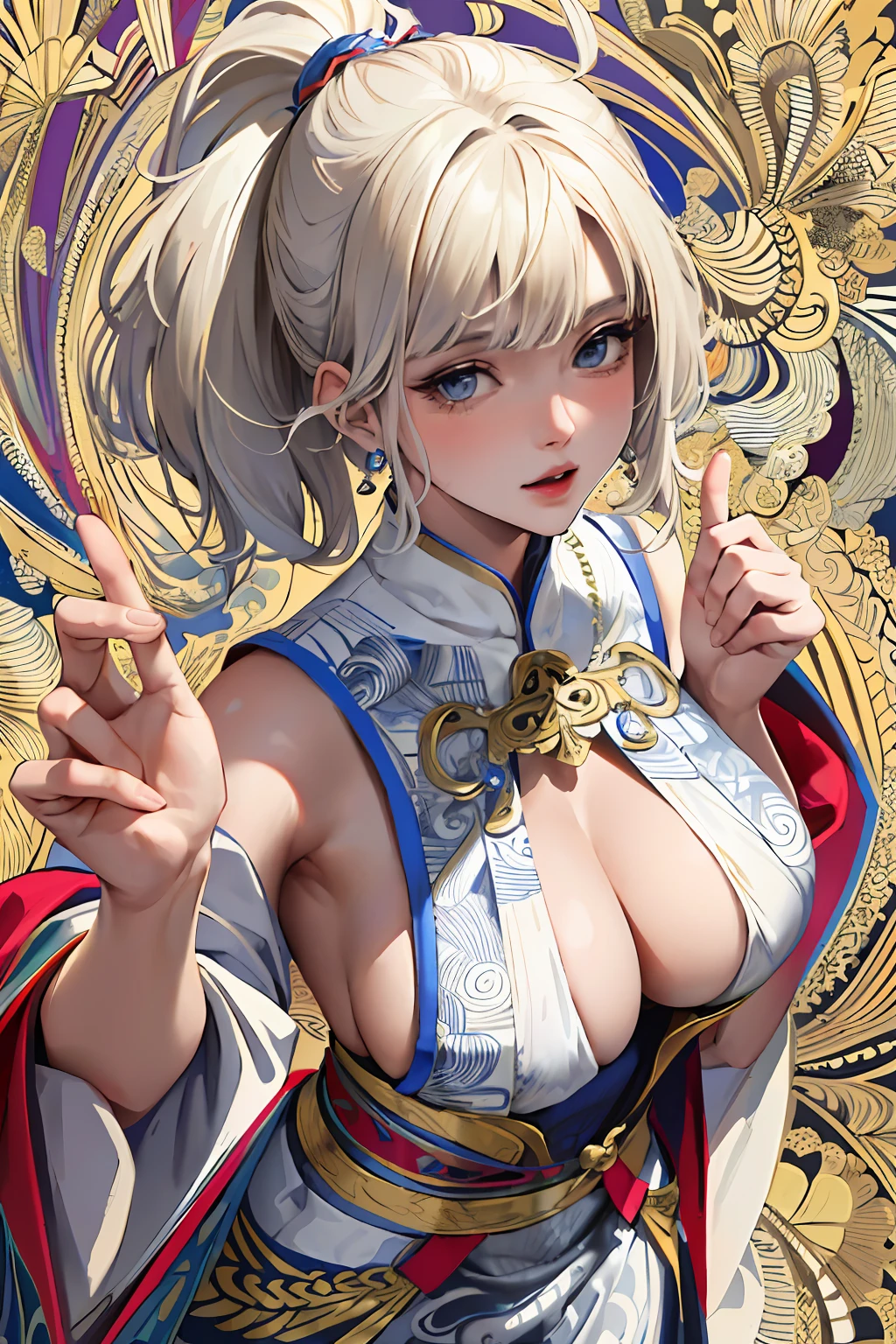 ((masterpiece:1.2, best quality)), ultra detailed, Ultra-precise depiction, Ultra-detailed depiction, (zentangle:1.2), (dynamic pose), (abstract background:1.5), (treditional dress:1.2), short platinum blonde, 1lady, wide hips, big tits, (shiny skin), many colors, upper body, (from above)