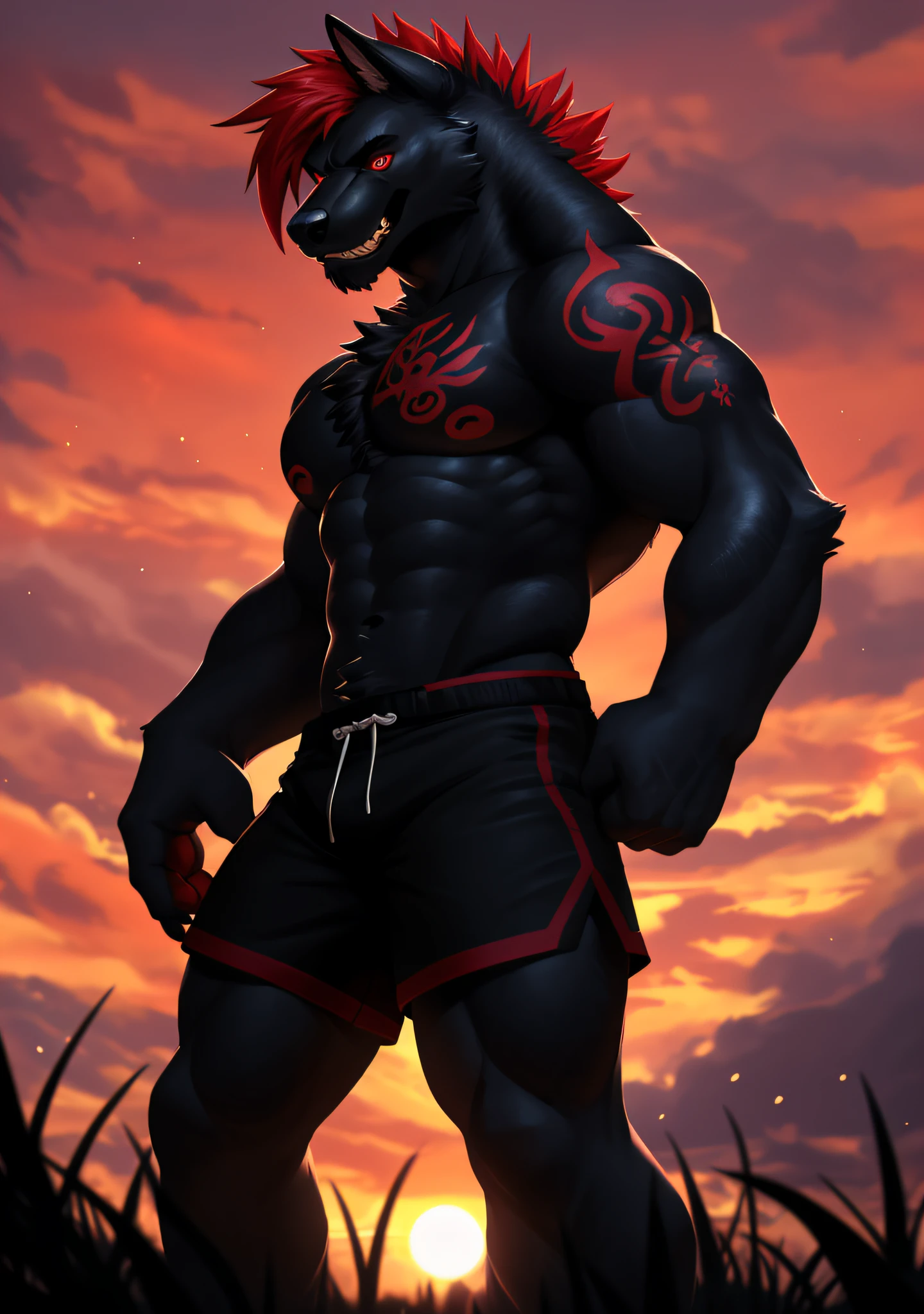 male alpha wolf in garden, black skin, red tattoo, waning moon tattoo on chest, ((heterochromia, blue left eye, red right eye)) dreamy background, kindness, ((serious, frightening expression)), unlimited light, magnificent sunset background, octane render, beautiful features, beautifully detailed eyes, intricate skin, detailed face, perfect skin texture, extreme details, full body vision, cinematic lighting, professional lighting, centered, looking at the camera, 8k, shooting with Hasselblad X1D-50, maximum focus, depth of field, perfect lighting, light particles, (best quality), (masterpiece), (ultra detailed), sharp focus, light particles, standing, black shorts, standing, detailed legs, detailed paws,