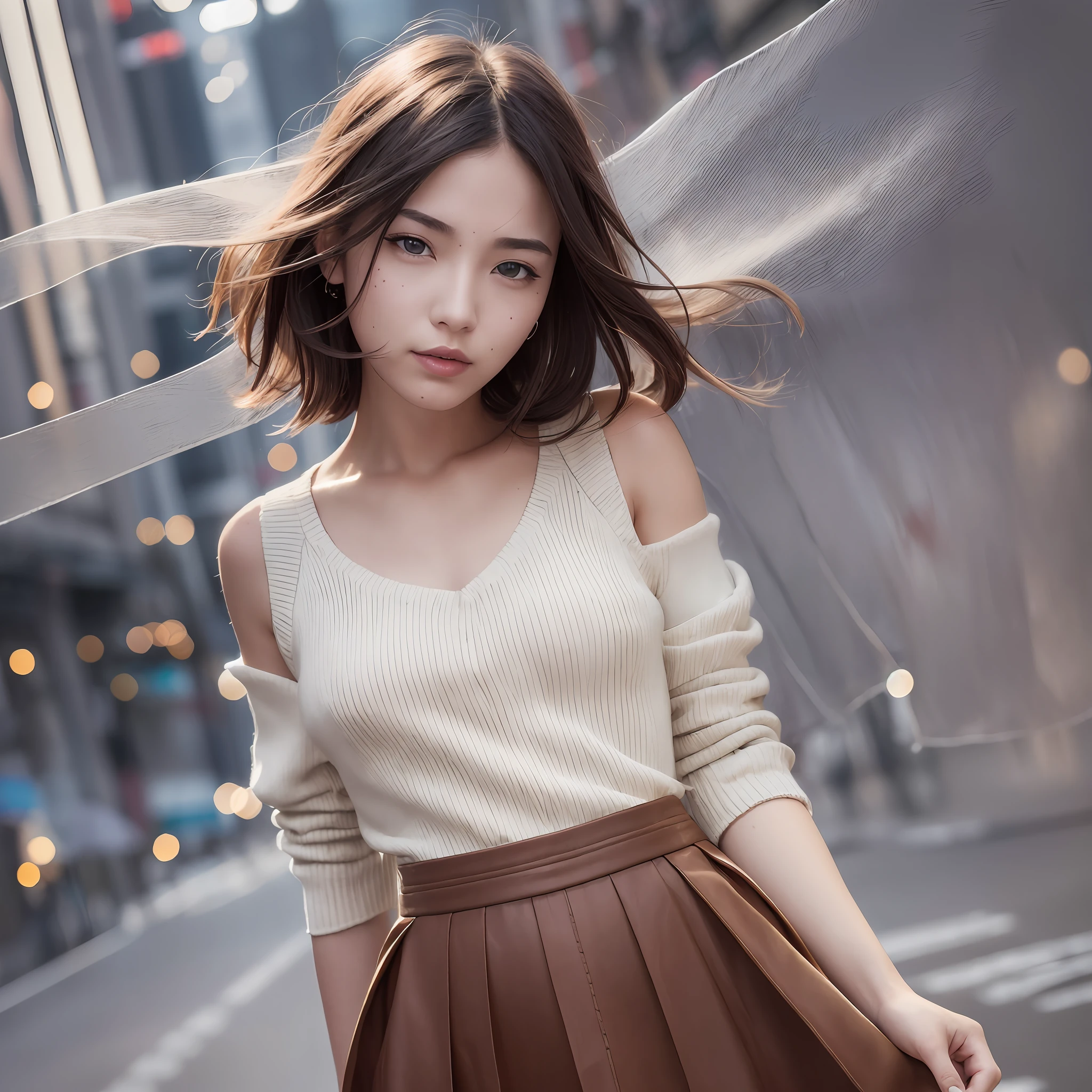 (skin blemish:1.2), (skindentation), black eye, 1woman, 25yo, (((woman))), solo, realistic, best quality, photorealistic, masterpiece, 8k, high res, solo, extremely detailed face, (professional lighting, bokeh), (light particles, lens flare, glowing particles:0.6), (dynamic pose:1.2), soft lighting, top angle view, fashionable and trendy atmosphere, japan, street, tokyo, city, ((daytime)), sky, ((looking at the viewer:1)), (looking at the camera),(portrait:0.6), cowboy shot, gorgeous, standing, keep original facial proportion, wide shoulder, full body, (small breast), (medium hair), brown hair, floating hair, lips, lipstick, seductive smile, floating hair, smile, open_mouth, teeth, (white blouse), (jumper skirt), eyelashes, mole, (mole under eye:1), --auto --s2