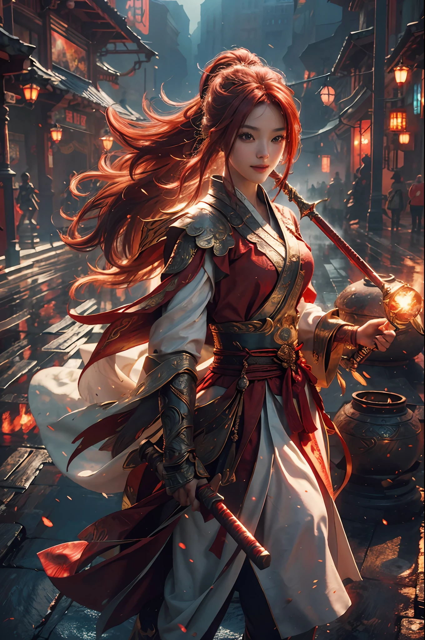 (RAW Photo, Best Quality), (Realistic, Photorealistic Photo: 1.3), Best Quality, Highly Detailed, Masterpiece, Hyper Detail, Illustration, 1 Girl, Smile, Red Hair, Red Clothes, Holding a Halberd, Halberd, upper_body, Dynamic Angle, World Mastery Theater, Flying Long Hair, Fluores Cent Yellow, Dynamic Fire inbackground, best quality, extremely detailed CG unified 8k wallpaper, ink, amazing, cinematic lighting, lens_flare, wuxia_style