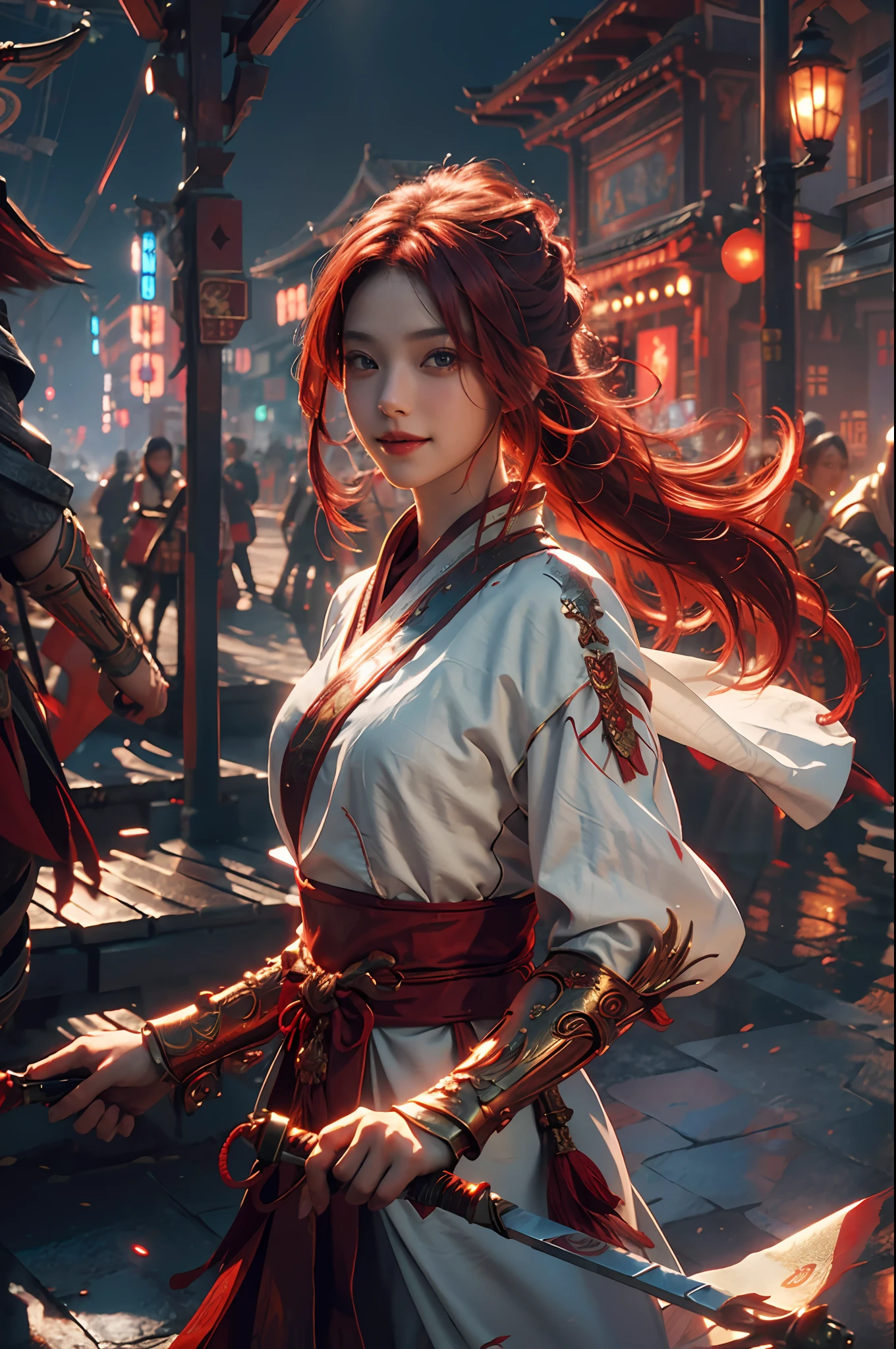(RAW Photo, Best Quality), (Realistic, Photorealistic True: 1.3), Best Quality, Highly Detailed, Masterpiece, Hyperdetail, Illustration, 1 Girl, Smile, Red Hair, Red Clothes, Long Knife with a Red Blade, upper_body, Dynamic Angle, World Mastery Theater, Flying Long Hair, Fluores cent yellow, Dynamic fire inbackground, Best Quality, Extremely detailed CG unified 8k wallpapers, ink, amazing, movie lights, lens_flare, wuxia_style