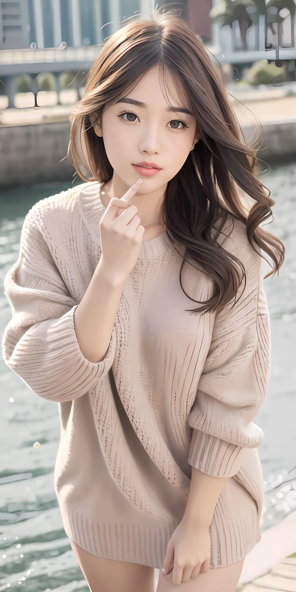 1girl walking on the river, mix4, sweater, pillow, lips, open_mouth, realistic, photo_\(medium\), solo, stuffed_animal, stuffed_toy, teddy_bear,(masterpiece),(photorealistic:1.3), ultra-detailed, (high detailed skin:1.2),(best quality:1.0), (ultra highres:1.0), (ulzzang-6500:0.3), wavy detailed hair, long hair, sunshine, (beautiful detailed makeup), (sexually aroused blushing heavy breathing:1.0), floral theme flower petals scattered, (soft glow bloom:0.5)