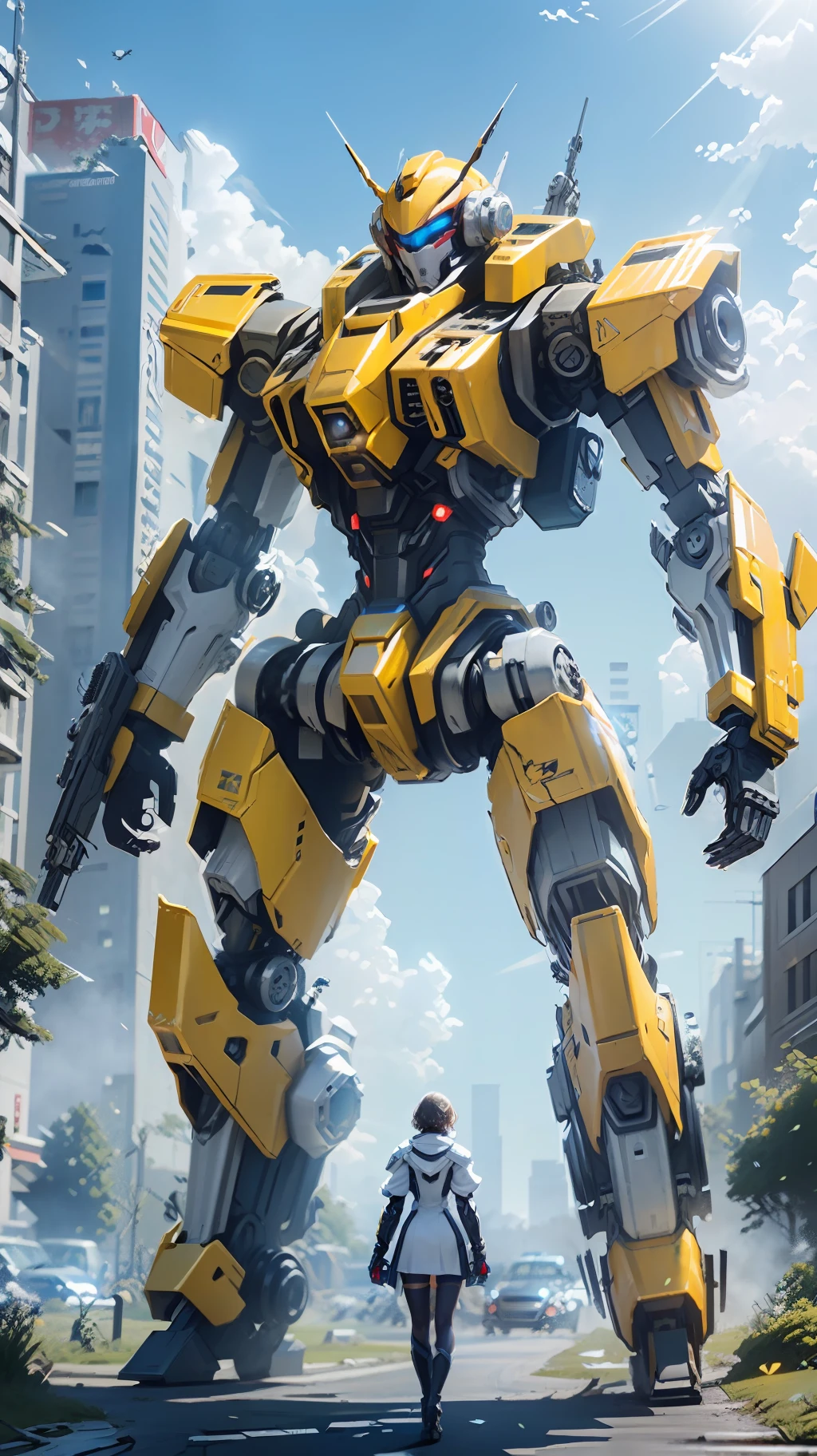 ((Best Quality)), ((Masterpiece)), (Very detailed: 1.3), Complex 3D Rendering, Ceramic Robot Silhouette, Shitu-mecha, Beautiful Cyberpunk Woman Standing Gundam Mecha Behind War, City Ruins at War, Ancient Technology, HDR (High Dynamic Range), Ray Tracing, NVIDIA RTX, Super Resolution, Subsurface Scattering, Post-processing, Anisotropic Filtering, Depth of Field, Maximum Clarity and Acutance, Multi-layer Texture, Surface Shading, Accurate simulation of light-material interactions, perfect ratios, octane rendering, duotone lighting, low ISO, white balance, rule of thirds, wide aperture, 8K RAW, efficient sub-pixels, subpixel convolution, luminescent particles, light scattering, Tyndall effect, cinematic light perception,