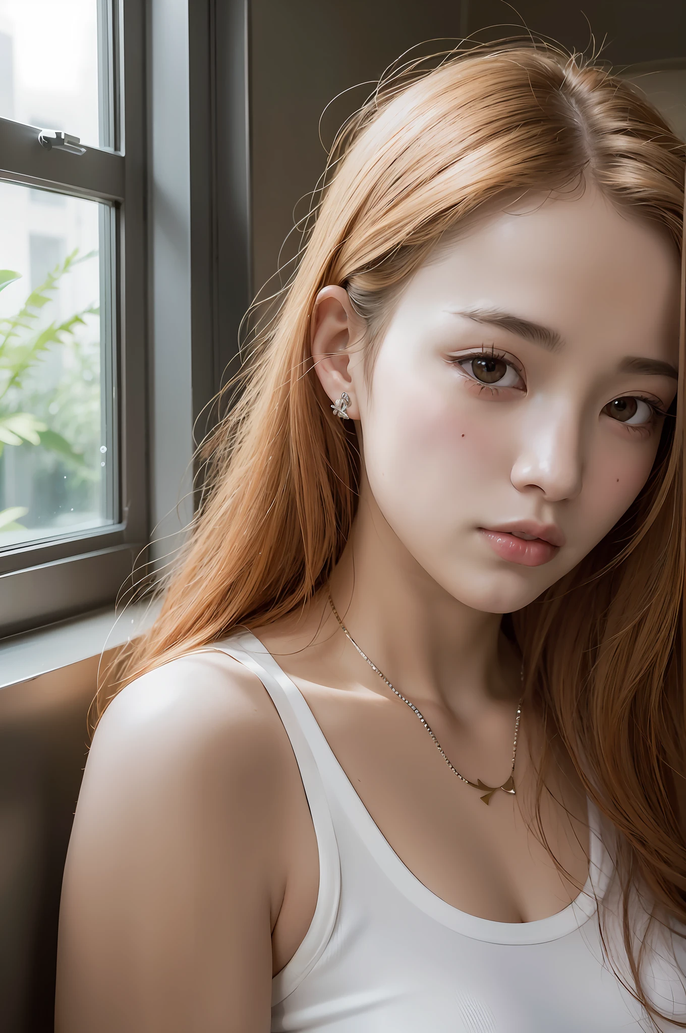 arafed woman with long red hair and a white tank top, beautiful young korean woman, gorgeous young korean woman, beautiful south korean woman, young adorable korean face, soft portrait shot 8 k, korean girl, portrait of female korean idol, beautiful delicate face, lovely delicate face, popular korean makeup, heonhwa choe, cute korean actress