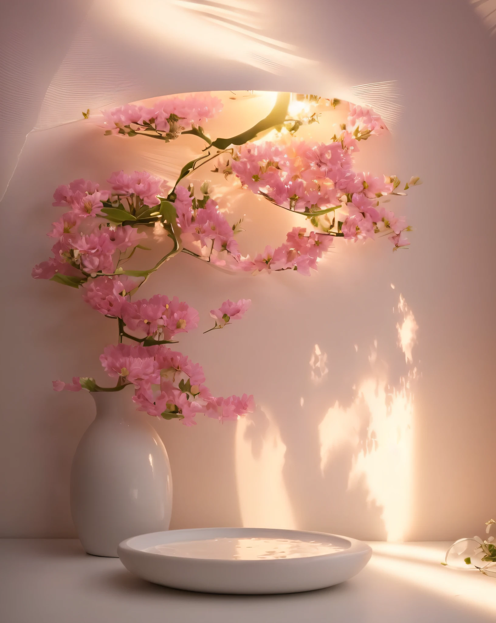 there is a vase with flowers on it in a room, surreal waiizi flowers, intense sunlight, very beautiful ambient light, soft bloom lighting, lights with bloom, beautiful natural backlight, pink zen style, light bloom sunlight, beautiful ambient light, beautifully backlit, stunning sunny lighting, glowing flowers, extremely beautiful lighting, light bloom, glowing from inside, beautifully lit