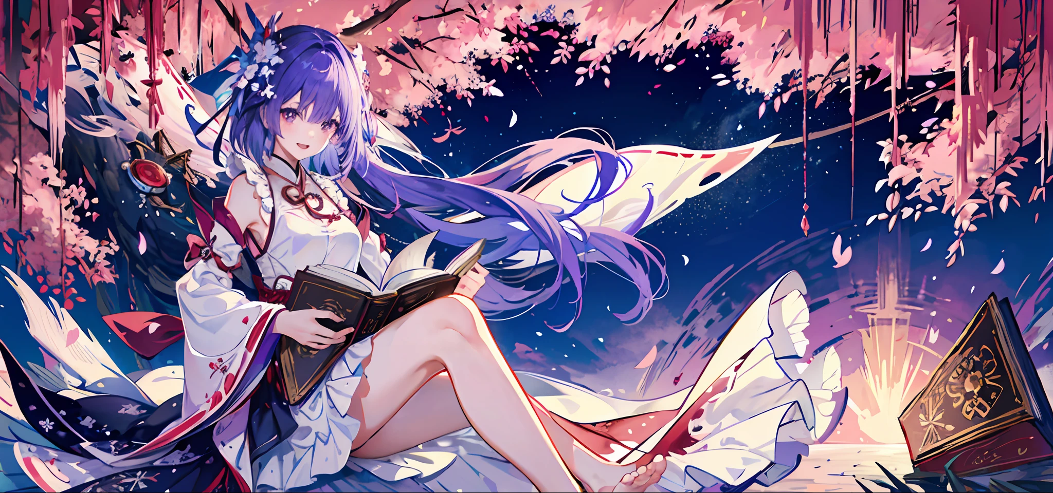 A woman in a red antique wedding dress lying on a peach blossom tree with Onmyoji's wand ,anime quadratic 4K art,Genshin impact,Genshin Impact character,,Anime 4K art,1 girl, solo, barefoot, long hair, purple hair, purple eyes, book, full body, dress, ahog, looking at the audience, white dress, split sleeves, hair accessory, bangs, holding, wide sleeves, purple ribbon, blush, smile, standing, stars (symbol), breasts, bare legs, very long hair, toes, ribbons, long sleeves, jewelry , feet, open book, open mouth, hold book, sleeveless, bare shoulders, flower, frills, bow, hair flower