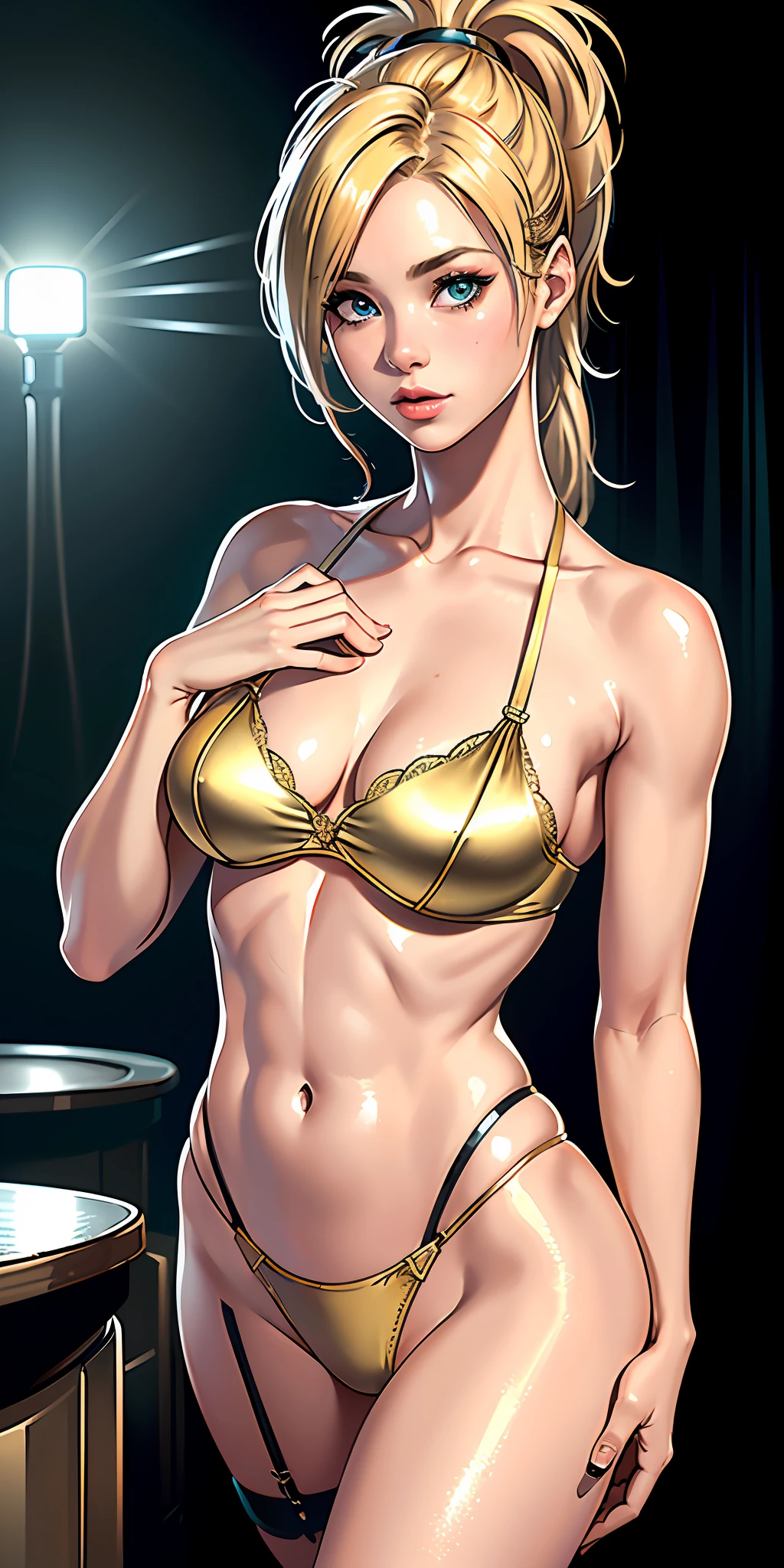 (original), (very detailed wallpaper), (best quality), (masterpiece), photographic reality, realistic, very detailed illustrations, (1 girl), she is Rikku, beautiful eyes, (delicate face), perfect details, (best lighting), (super complex details), (nightclub detailed background), perfect details, perfect fingers, perfect limbs, (shiny skin), abdomen, muscles, waist, messy blond hair with ponytail and bangss, unified 4K, (super detailed CG: 1.2), (8K: 1.2), realistic, octane rendering, dancing in a nightclub with lewd sexy lingerie, oiled body