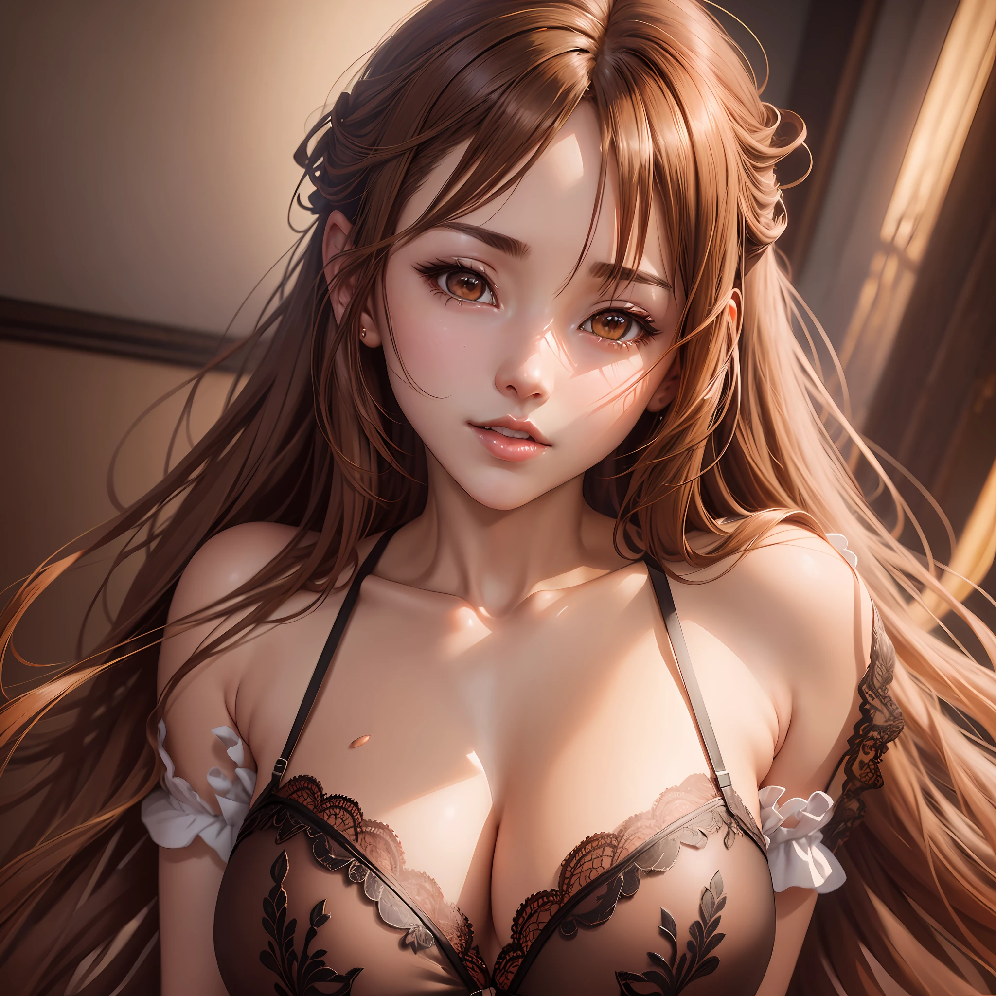 nsfw: Asuna yuuki (extremely detailed CG unity 8k wallpaper, masterpiece, best quality, ultra detailed), best lighting, best shadow, floating, lace lingerie, (1 girl), brown hair, brown eyes, beautiful face, dynamic angle, sensual pose, high saturated color, close-up. Asuna yuuki --auto --s2