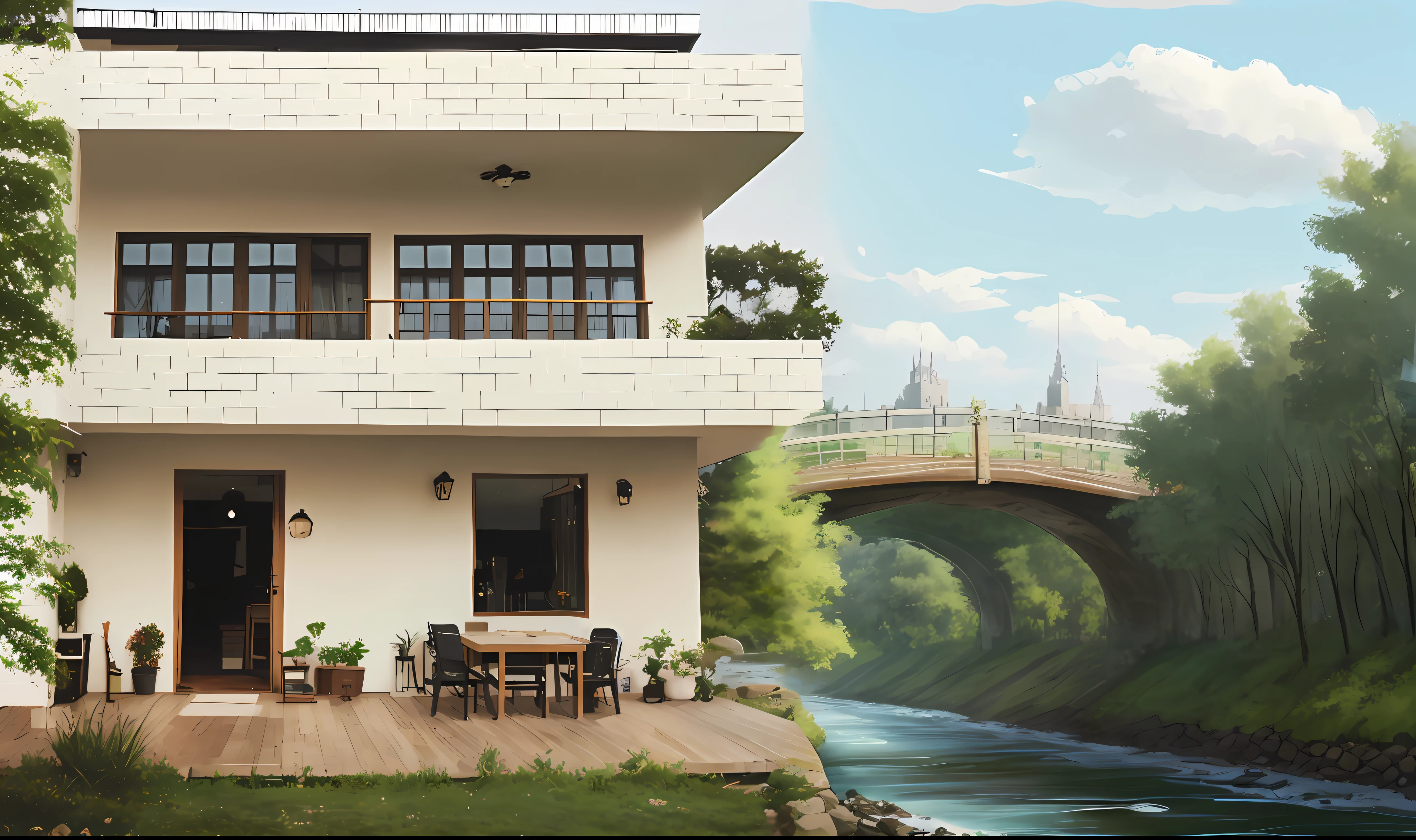 River embankment, remote bridge