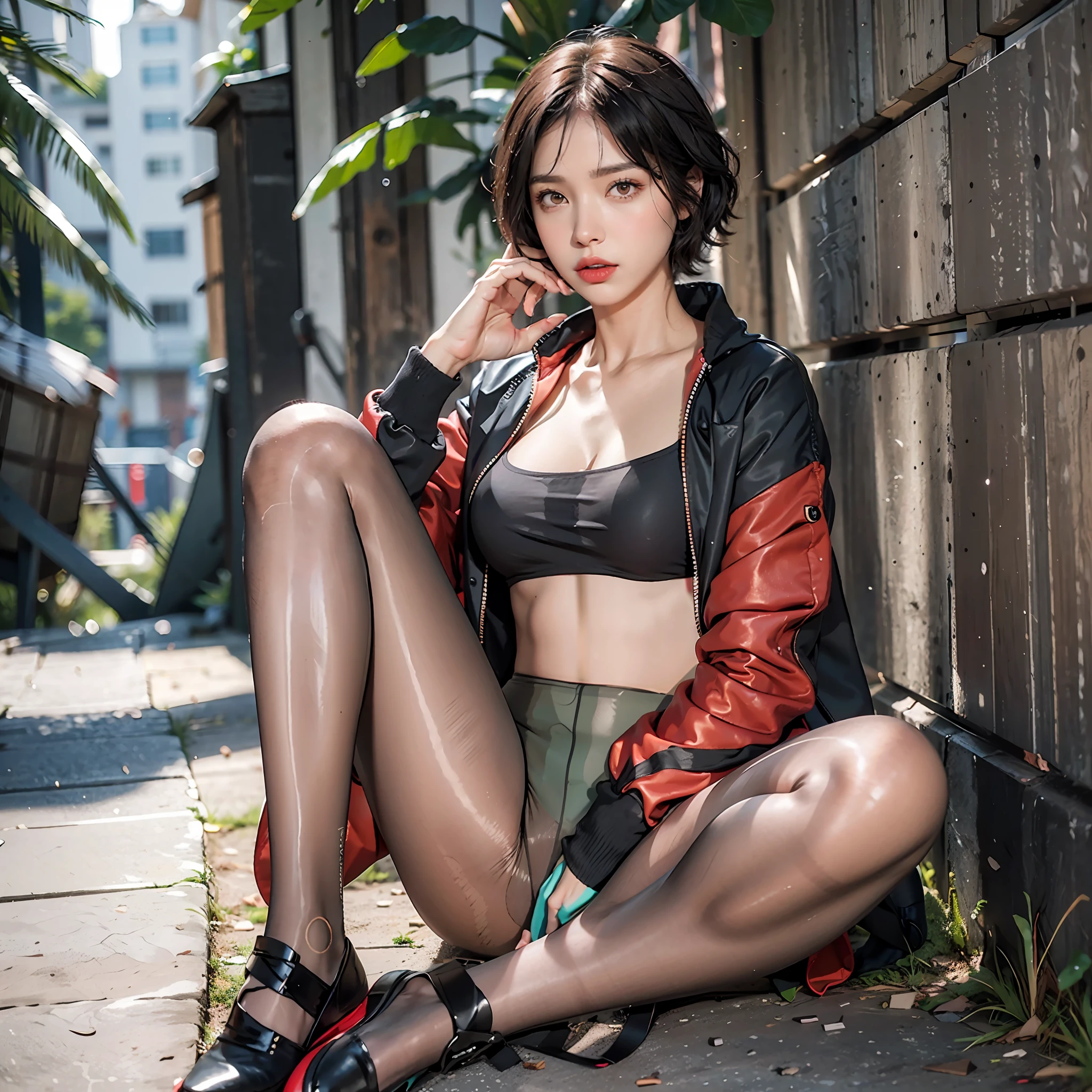 nsfw, nude, 8K raw photo, Best quality, masterpiece, ultra high res, natural skin texture, realistic eye and face details,(looking at viewer, facing viewer), full lips, lipstick, rouge \(makeup\), red eyeshadow, open mouth, fluffy short hair, beautiful legs, tall female, skinny, slim_legs, 1girl, sitting, (black pantyhose:1.5), solo, shoes, socks, black hair, white socks, sneakers, nike, sleeves past wrists, realistic, red footwear, black eyes, full body, cardigan, red jacket, short hair, long sleeves, open clothes, lips,